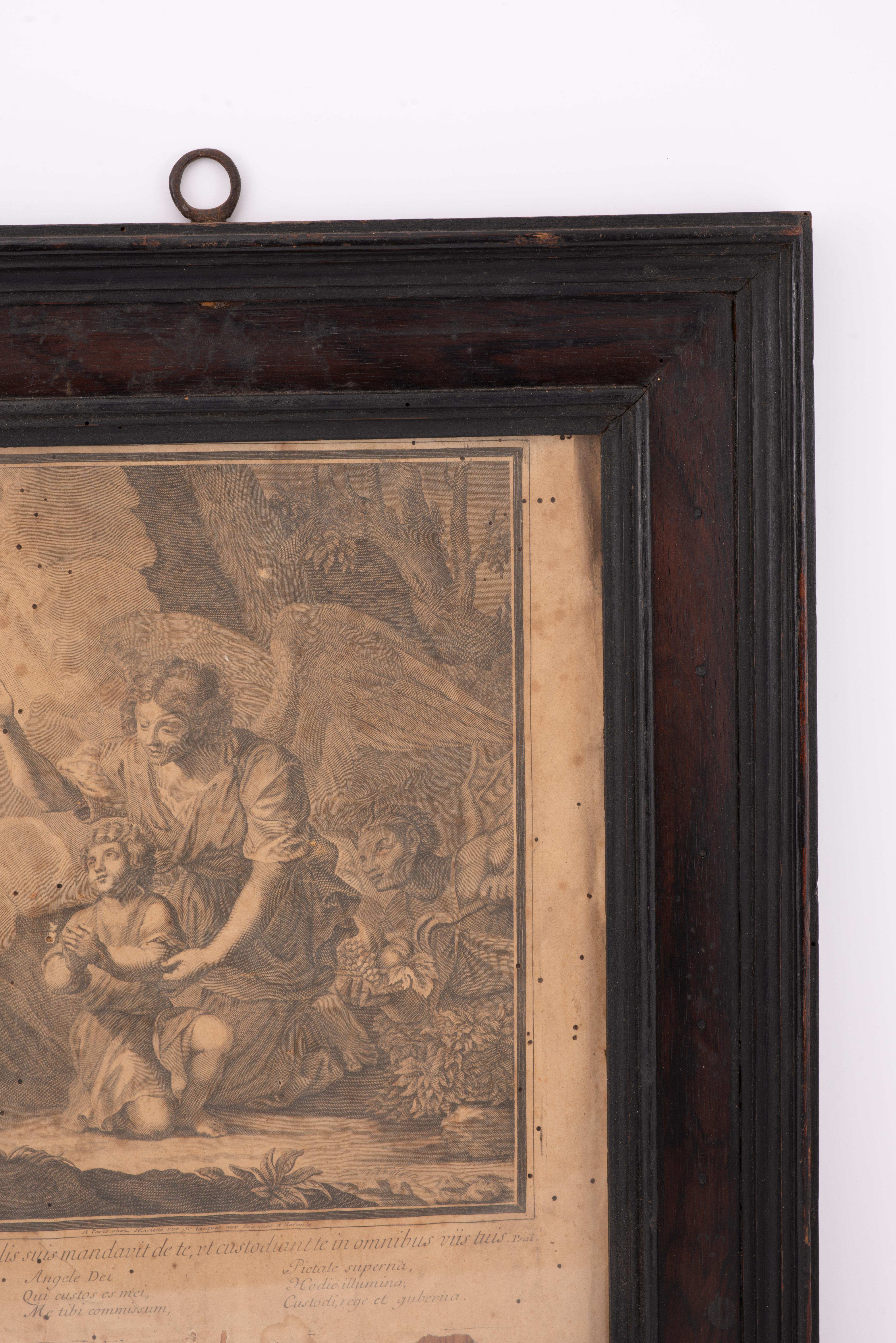 Baroque Guardian angel. Framed engraving. MARIETTE, Pierre. Paris, France, 17th century.