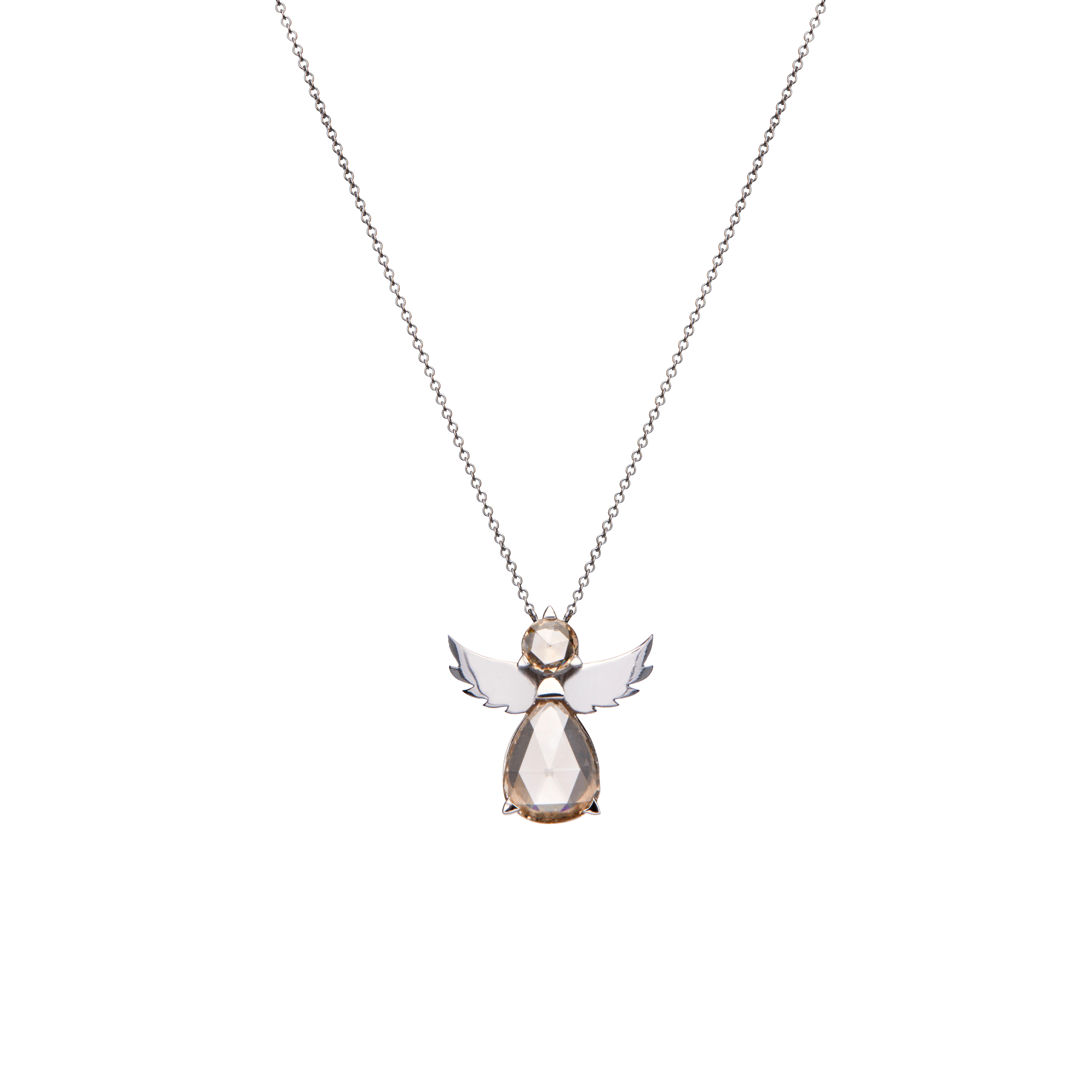 Guardian Angel pendant necklace, with open wings, made of 18Kt white gold with round and pear rose cut brown diamonds. Let the stunning natural beauty of diamonds balance your emotions and calm your soul. As if soaring on its own, the diamonds on