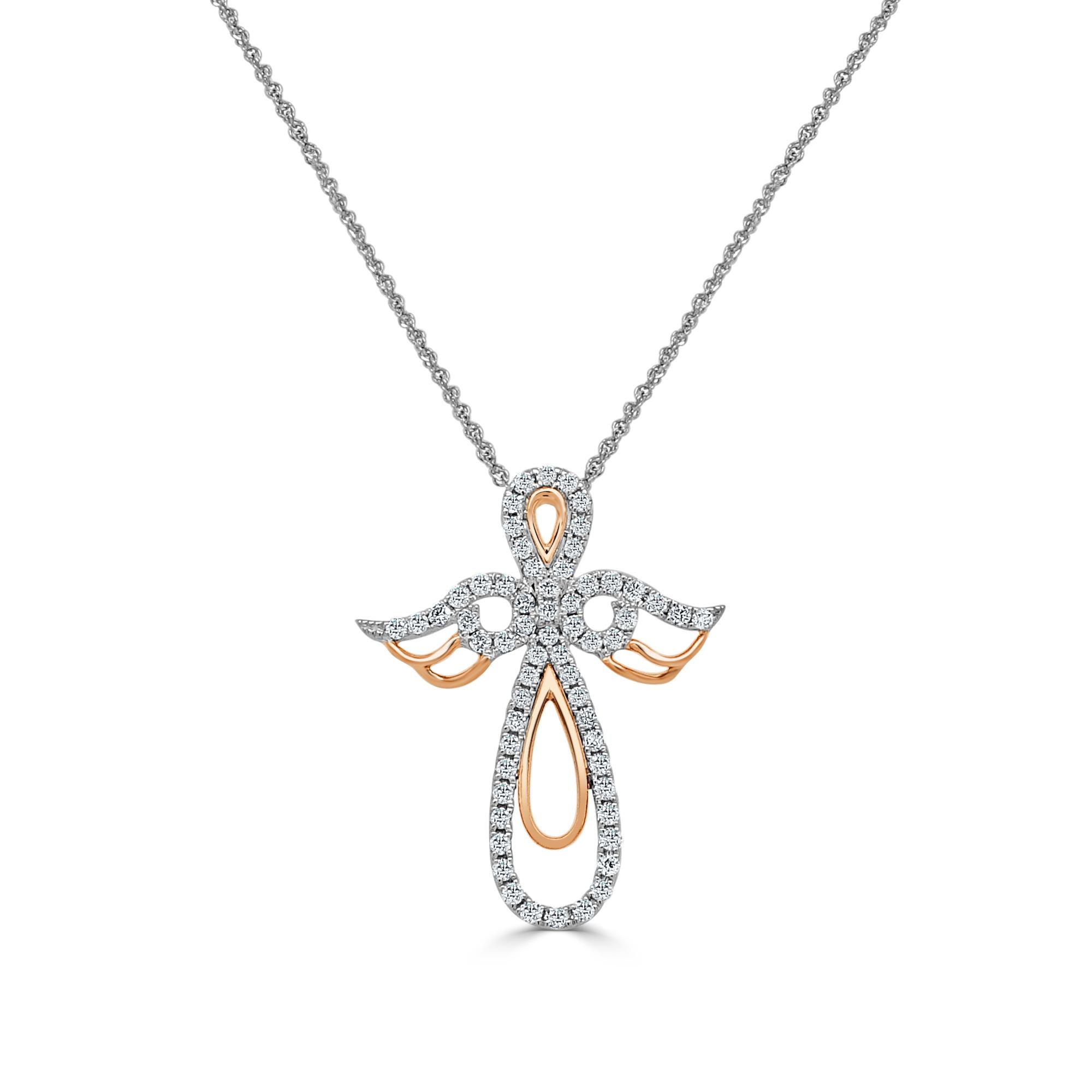 Guardian Angel pendant necklace, with open wings, made of 18K rose white gold with round diamonds. Let the stunning natural beauty of diamonds balance your emotions and calm your soul.

Gold Purity: 18 Karat
Gold Type: Rose White Gold
Stone Name: