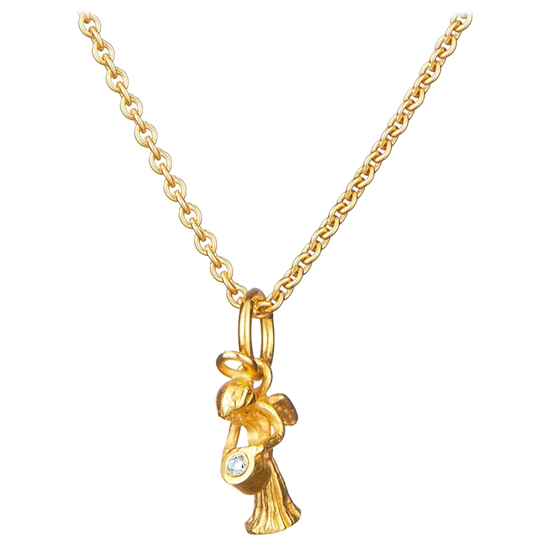Guardian Angel Pendant With Chain And Traceable Diamond 18 Karat Yellow Gold For Sale