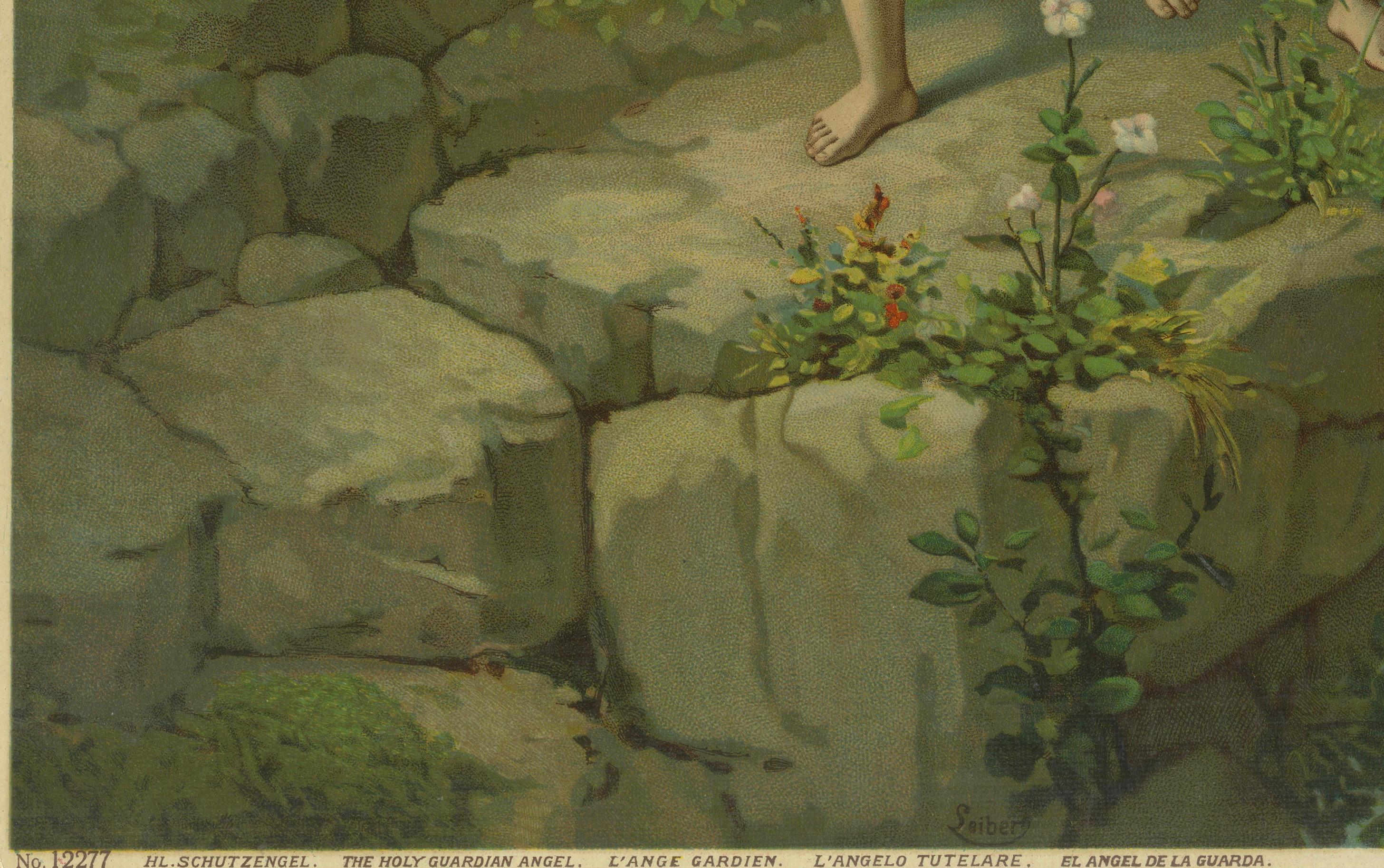 Schutzengel, der die Kinder am Wasser beschützt, antike deutsche Chromolithographie

Diese anrührende deutsche Chromolithografie aus dem späten 19. und frühen 20. Jahrhundert zeigt eine klassische katholische Andachtsszene mit einem Schutzengel, der