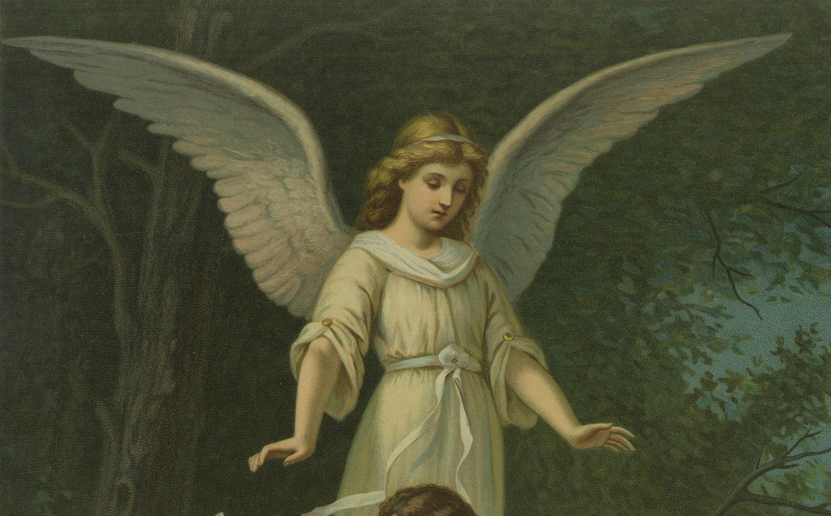 Schutzengel, der Kinder am Wasser beschützt, antike Chromolithographie, 1900 (Deutsch) im Angebot