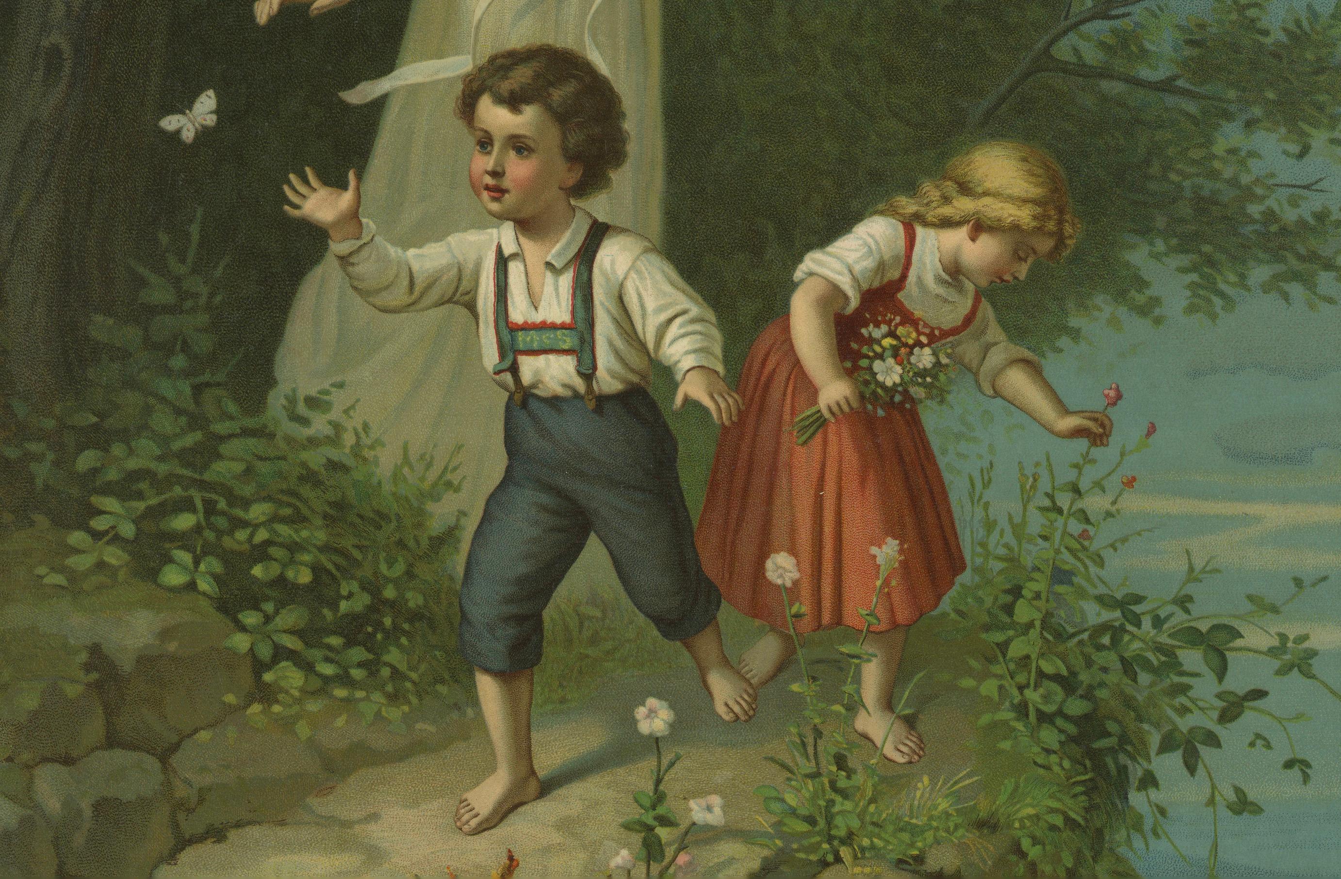 Schutzengel, der Kinder am Wasser beschützt, antike Chromolithographie, 1900 im Zustand „Gut“ im Angebot in Langweer, NL