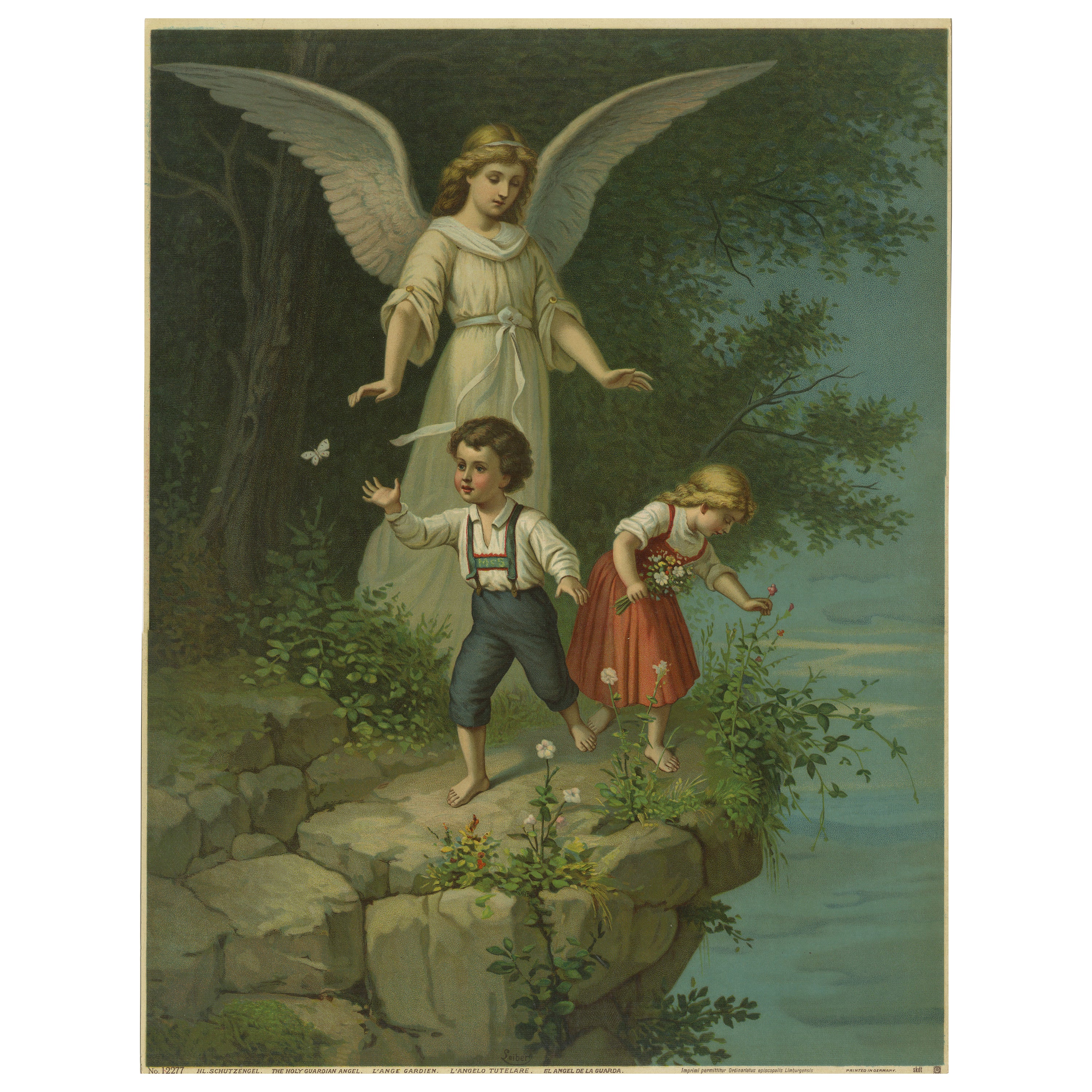 Schutzengel, der Kinder am Wasser beschützt, antike Chromolithographie, 1900