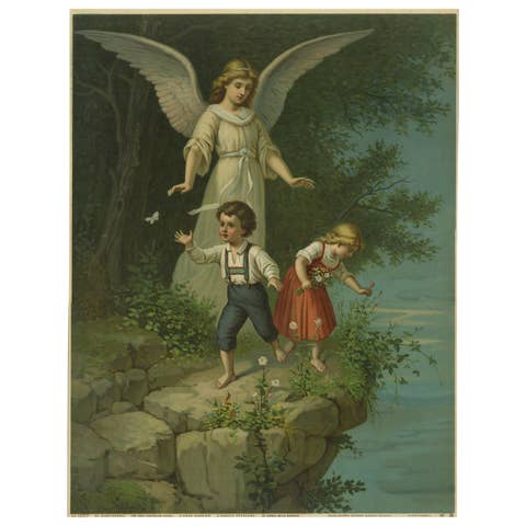 Guardian Angel Protecting Children by the Water, Antique Chromolithograph, 1900