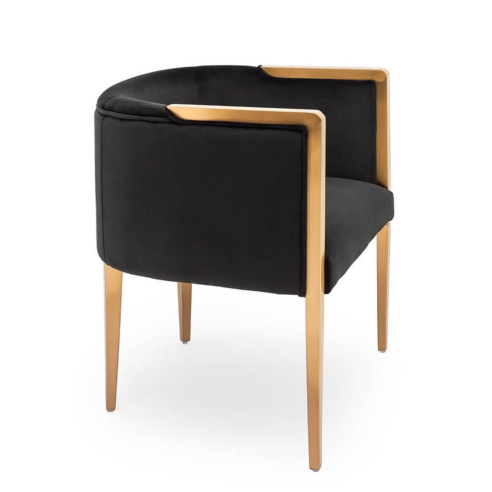 Armchair Guardian black with structure
in solid wood and covered with black velvet fabric. 
With gold satinated metal finish for armrests and feet. 
Also available covered with white velvet fabric.