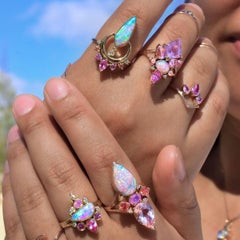 Guardian Moon Ring with Solid Australian Opal, Sapphires, Diamonds & 14K Gold