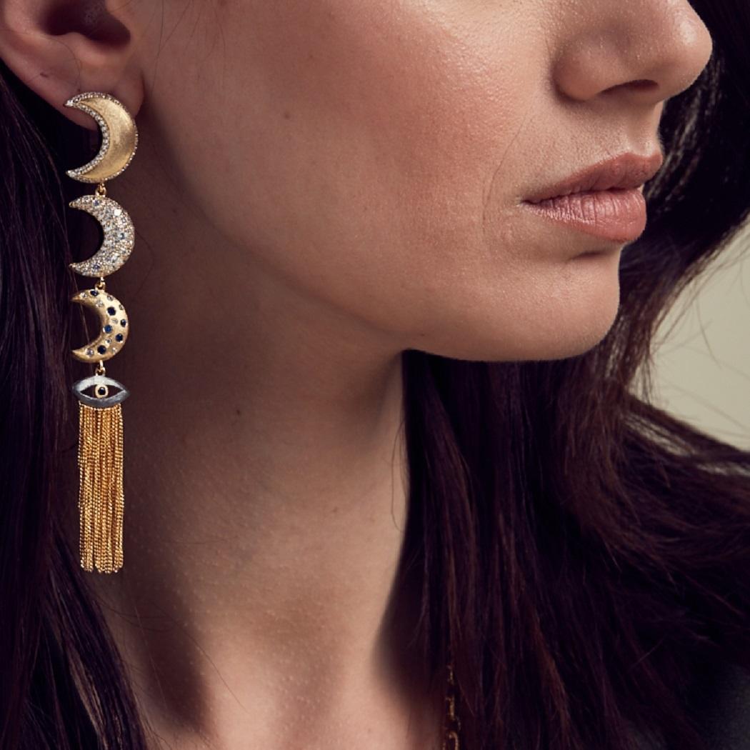 Ammanii Guardian Moons Linear Earrings Protective Eye in Vermeil Gold In New Condition In Beverly Hills, CA