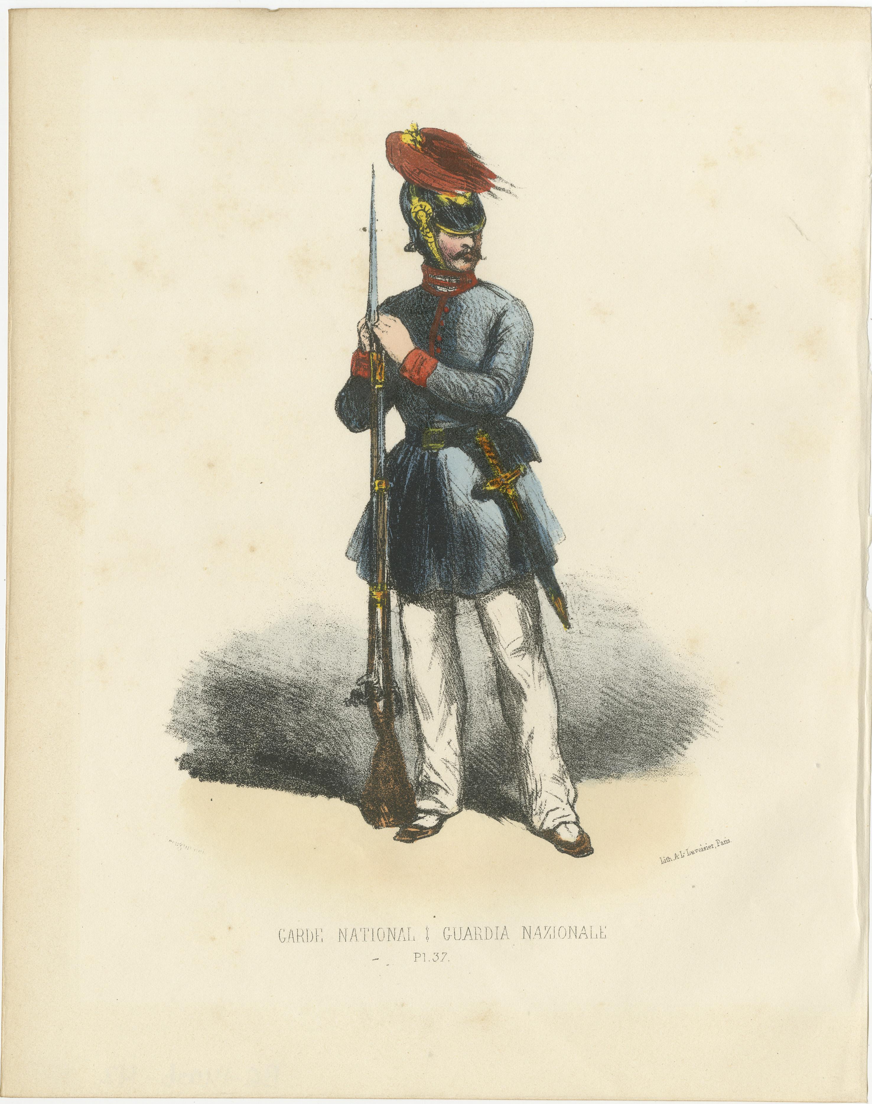Guardian of Order: Handkolorierter Druck einer Nationalgarde, Tafel 37, 1862  

Diese detailreiche handkolorierte Lithografie, Hüterin der Ordnung, ist Tafel 37 aus der zweiten Ausgabe von Album ou Collection Complète, et Historique des Costumes de