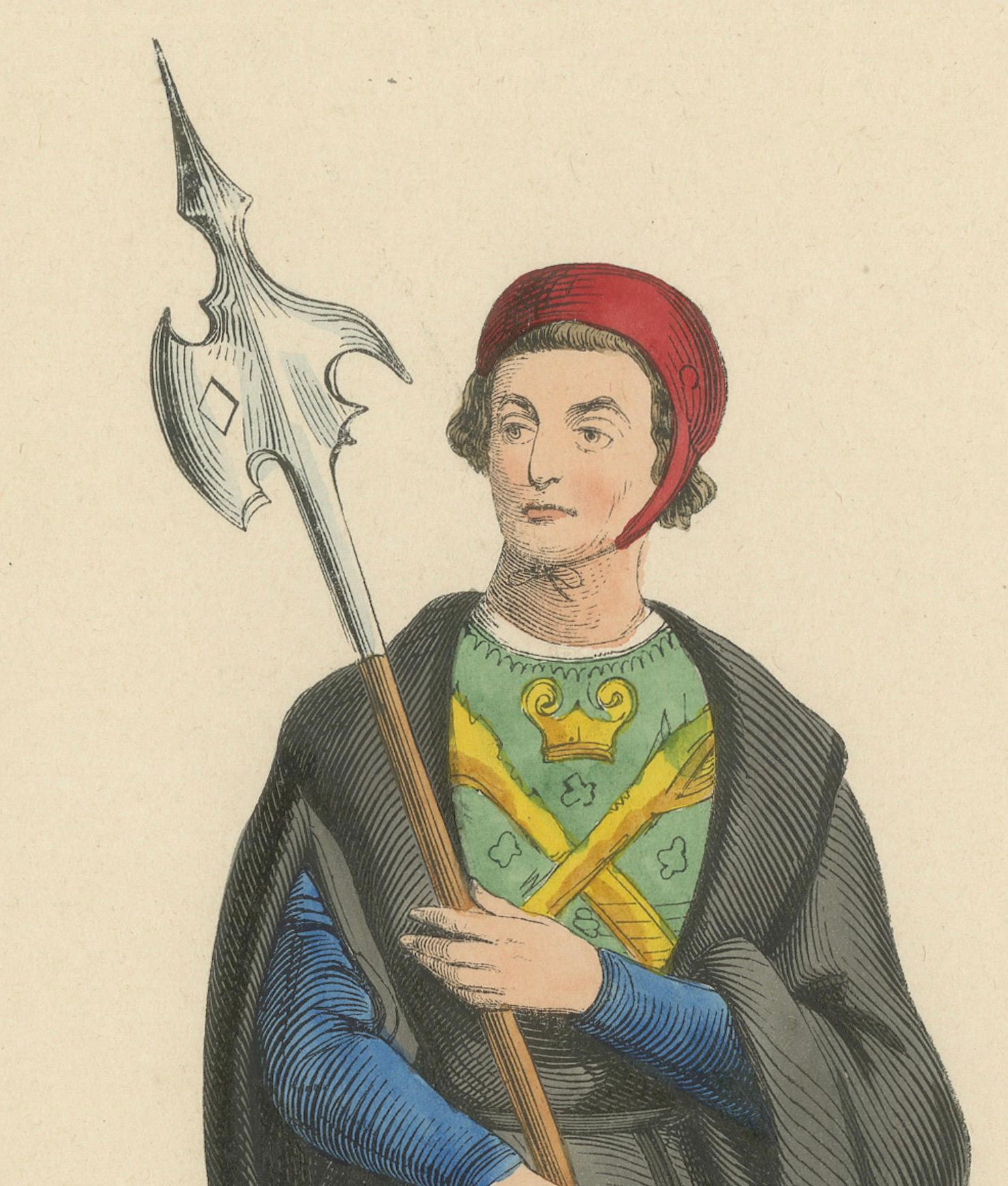 Guardian of the Realm: A Halberdier of Charles the Bold, Lithograph of 1847 In Good Condition For Sale In Langweer, NL