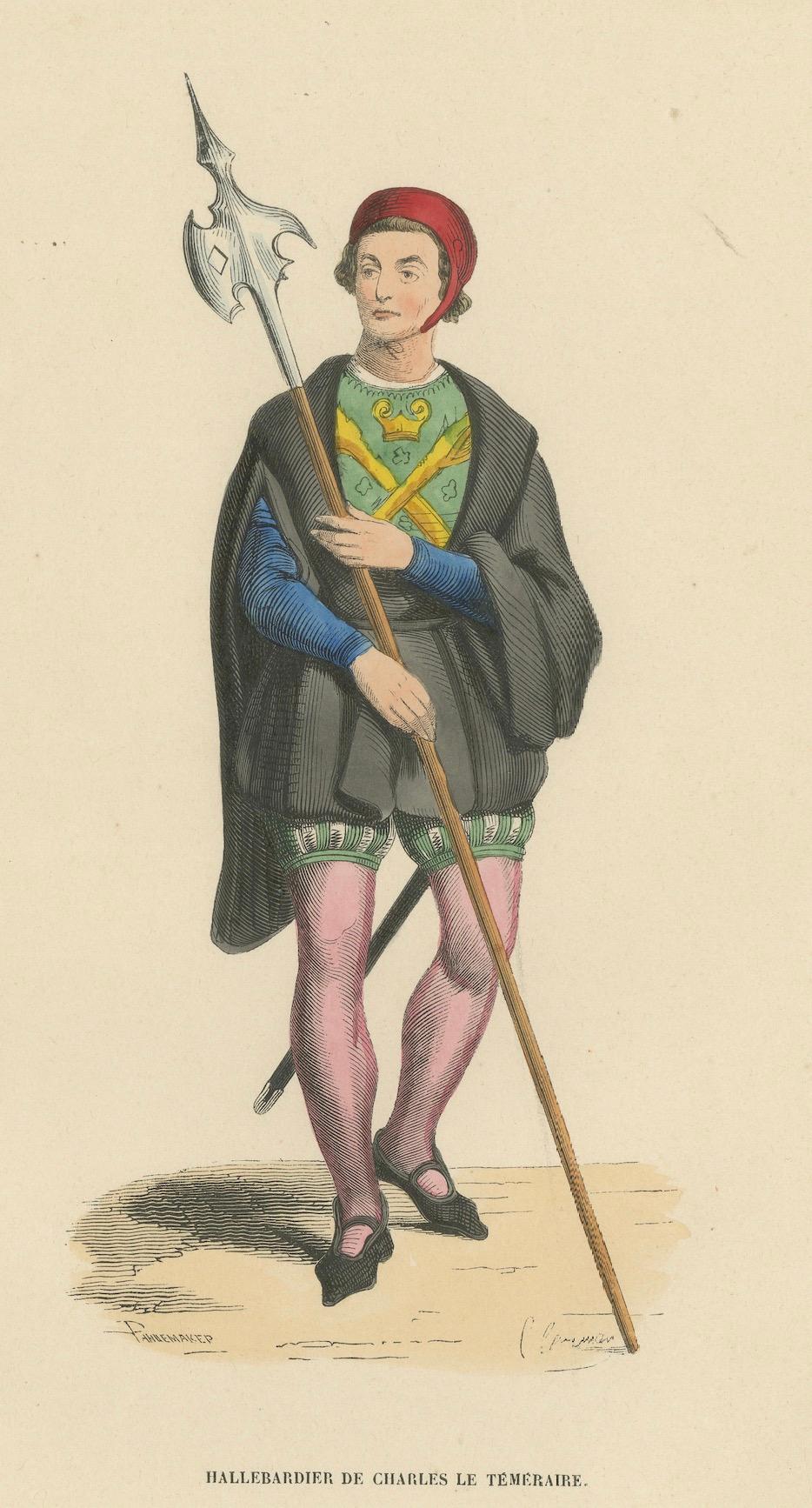 Mid-19th Century Guardian of the Realm: A Halberdier of Charles the Bold, Lithograph of 1847 For Sale