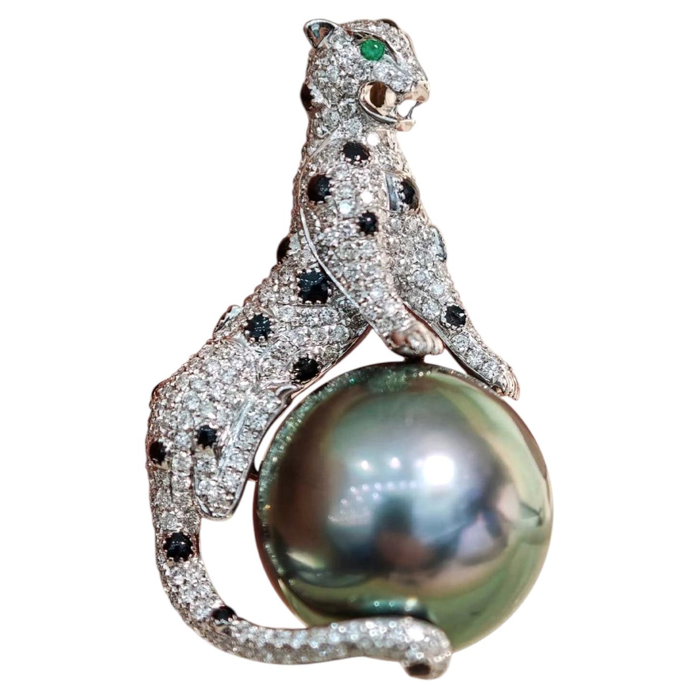 Guardian of the Tides Tahitian Pearl Leopard Pendant For Sale