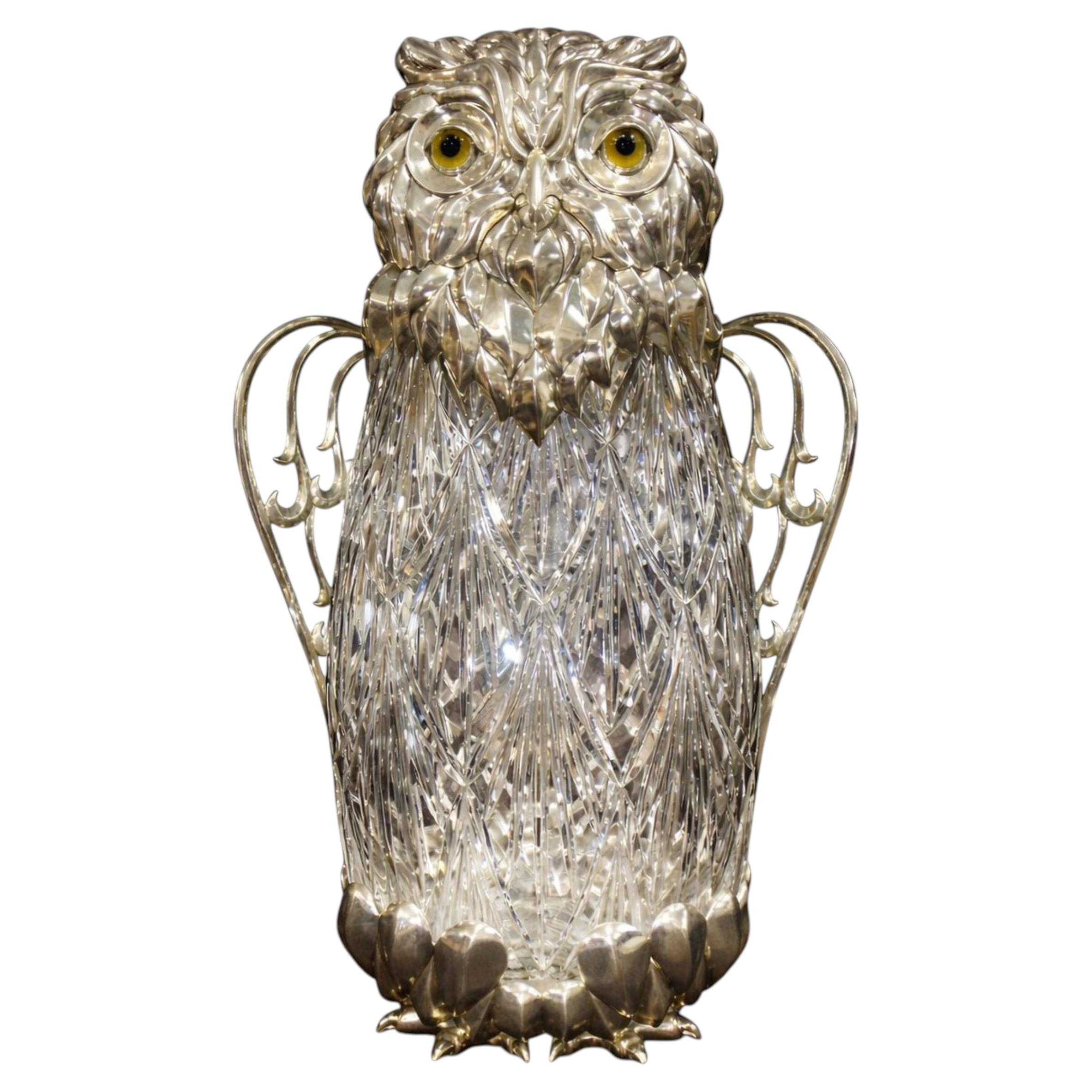 Guardian Owl Silver 24K vermeil Crystal Wine Pitcher- Handcrafted To Order