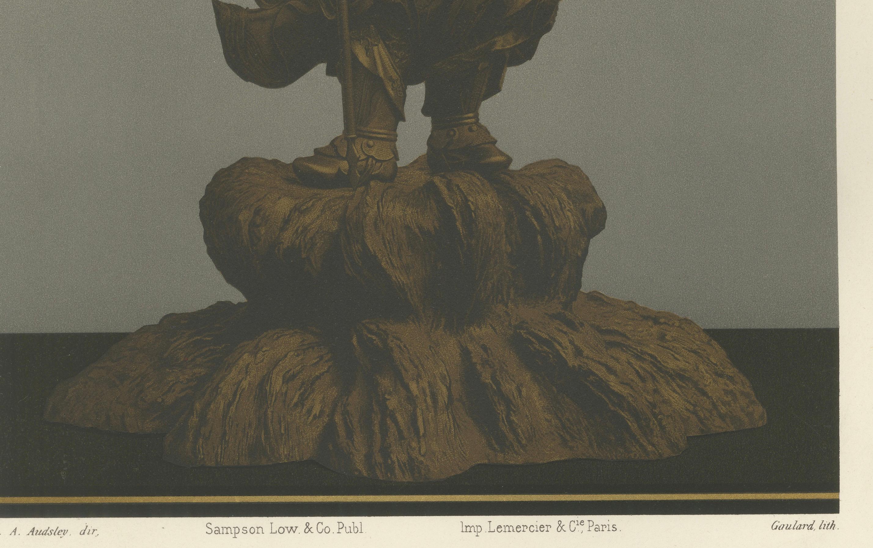 Title: Guardian Warrior Statue – Plate IV from Section VI of G. A. Audsley’s Decorative Art Collection

Description: Plate IV from Section VI of G. A. Audsley’s remarkable series showcases an intricately detailed statue of a guardian warrior,
