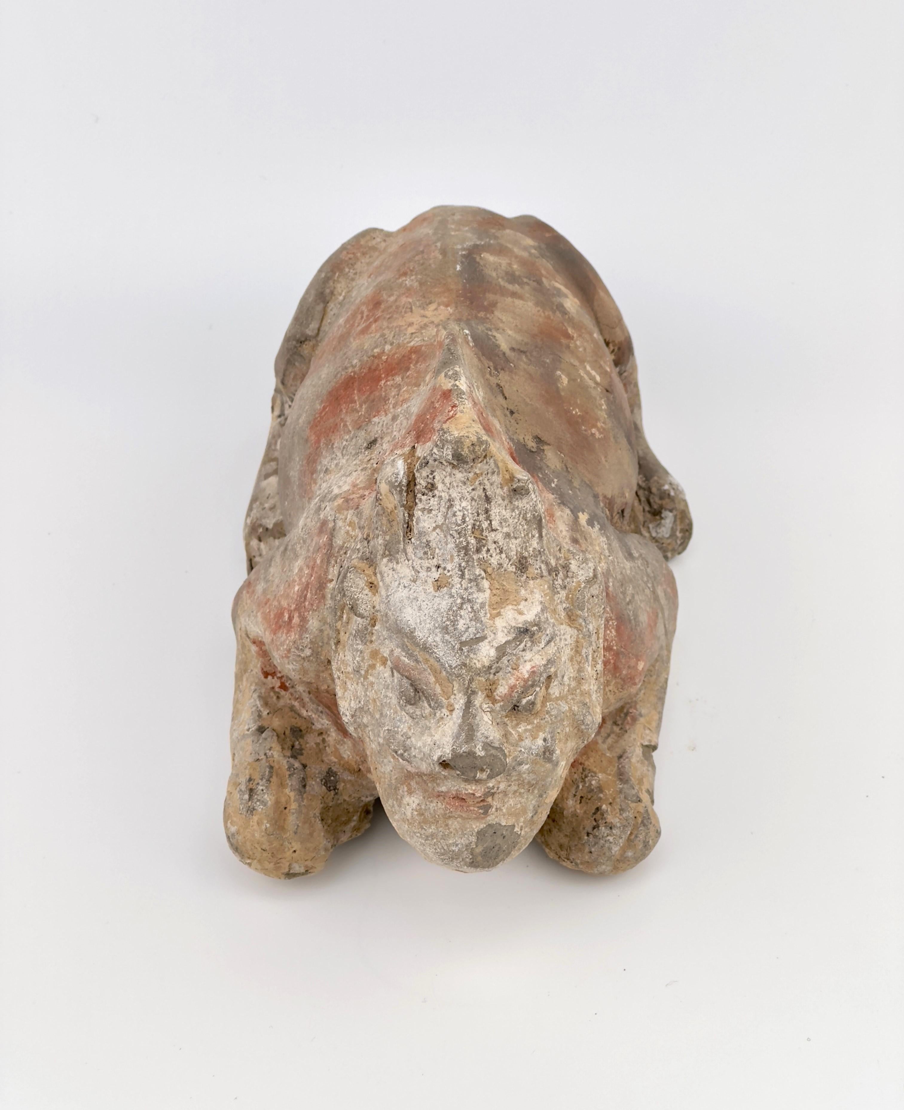Carved Guardian(Half human half beast) Pottery Figure, Northern Wei-Tang Dynasty For Sale