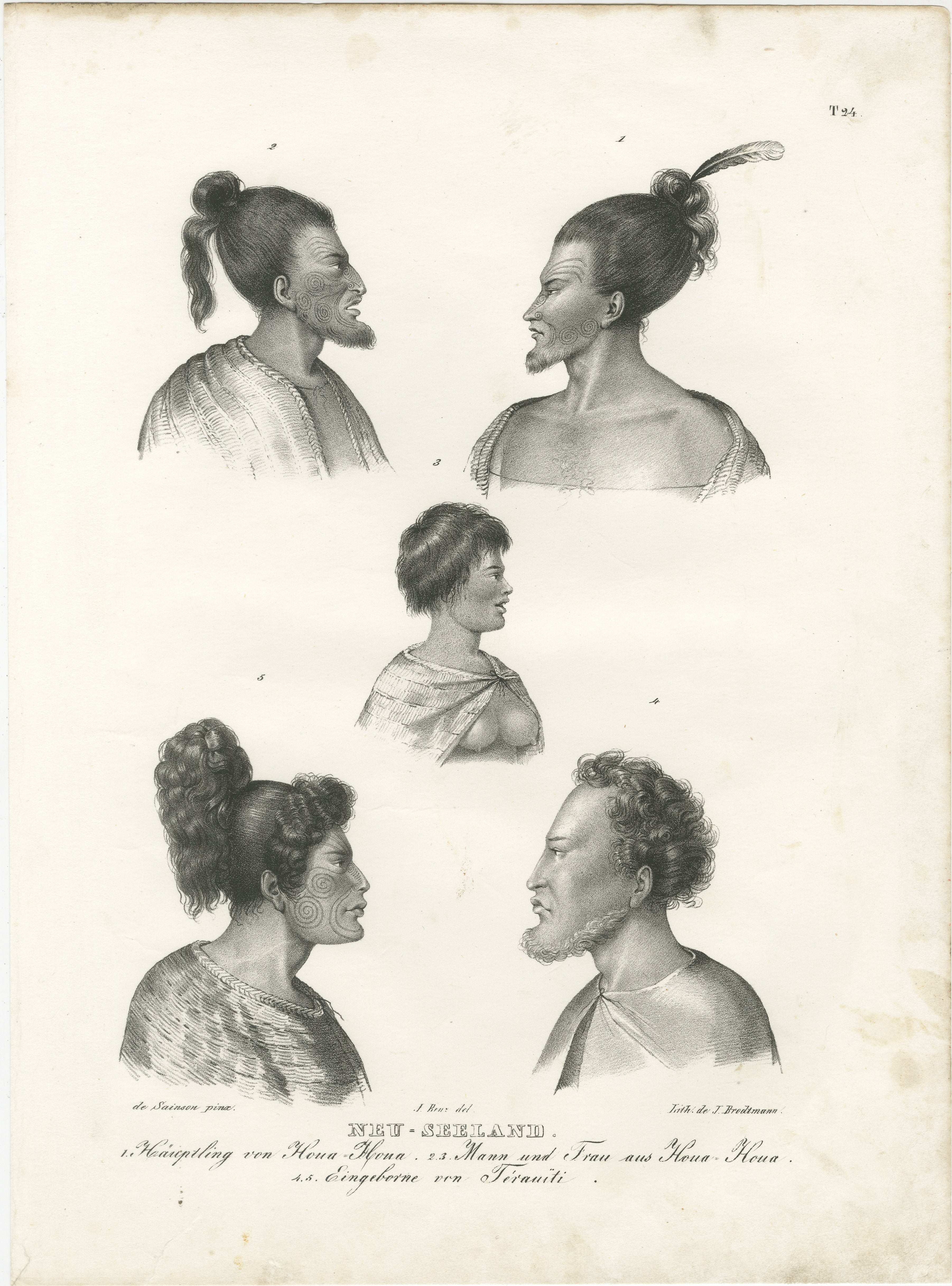 Titel: Maori-Häuptlinge und -Familien aus Hiva Oa und Tewaaiti  

Beschreibung: Diese Lithografie, die Teil einer Sammlung aus dem frühen 19. Jahrhundert ist, die indigene Völker des Pazifiks dokumentiert, zeigt fesselnde Profile von