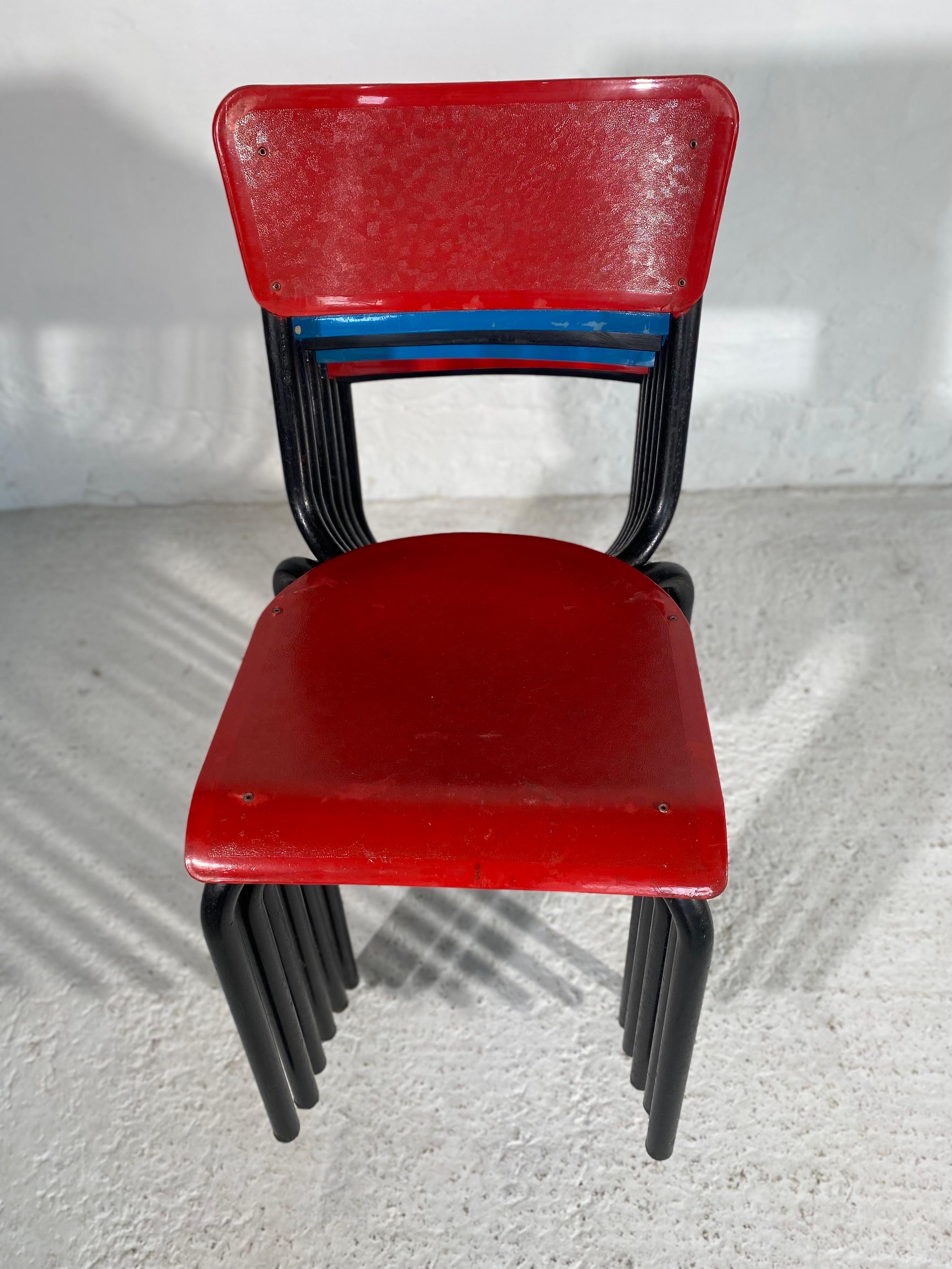 Belgian Guarich for Meurop set of Six Stacking Chairs, 
Red, Blue and Black,
1960s
