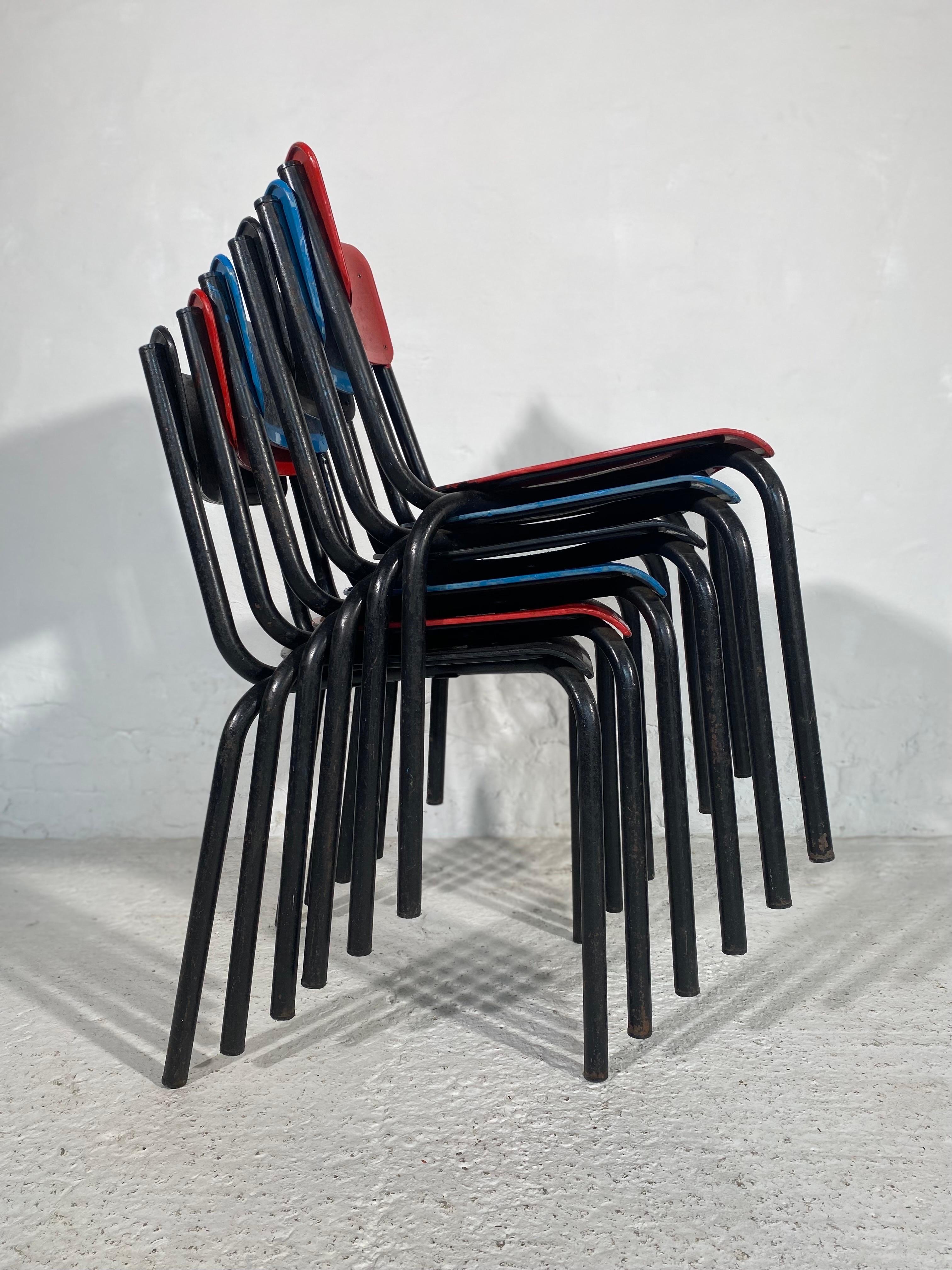 Metal Guarich for Meurop set of Six Stacking Chairs, 
Red, Blue and Black,
1960s

