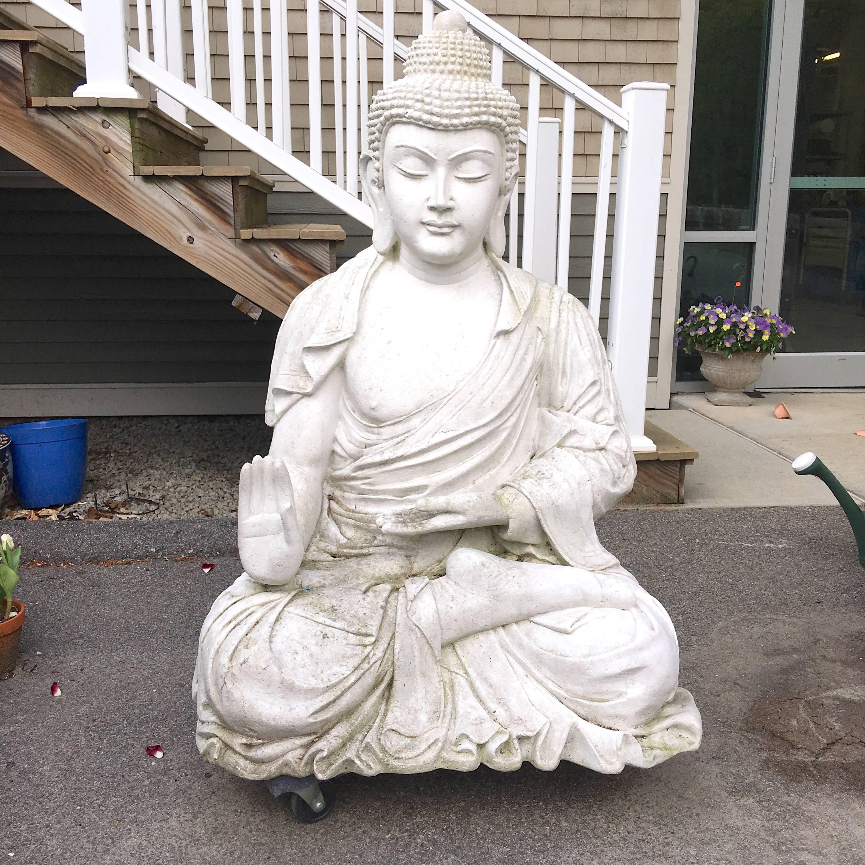 SATURDAY SALE (AUG 2018)

Life-sized figure of Shakyamuni Buddha seated in lotus position with raised right hand. This is a vintage garden statue for outdoor (or indoor) use. Composition is fiberglass and coated with a chalky white plaster resin