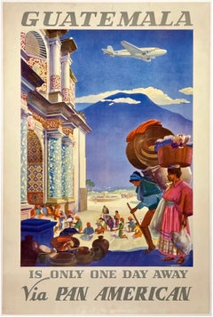 GUATEMALA - PAN AMERICAN : Affiche vintage originale de la compagnie aérienne Pan Am sur le thème du voyage et du tourisme