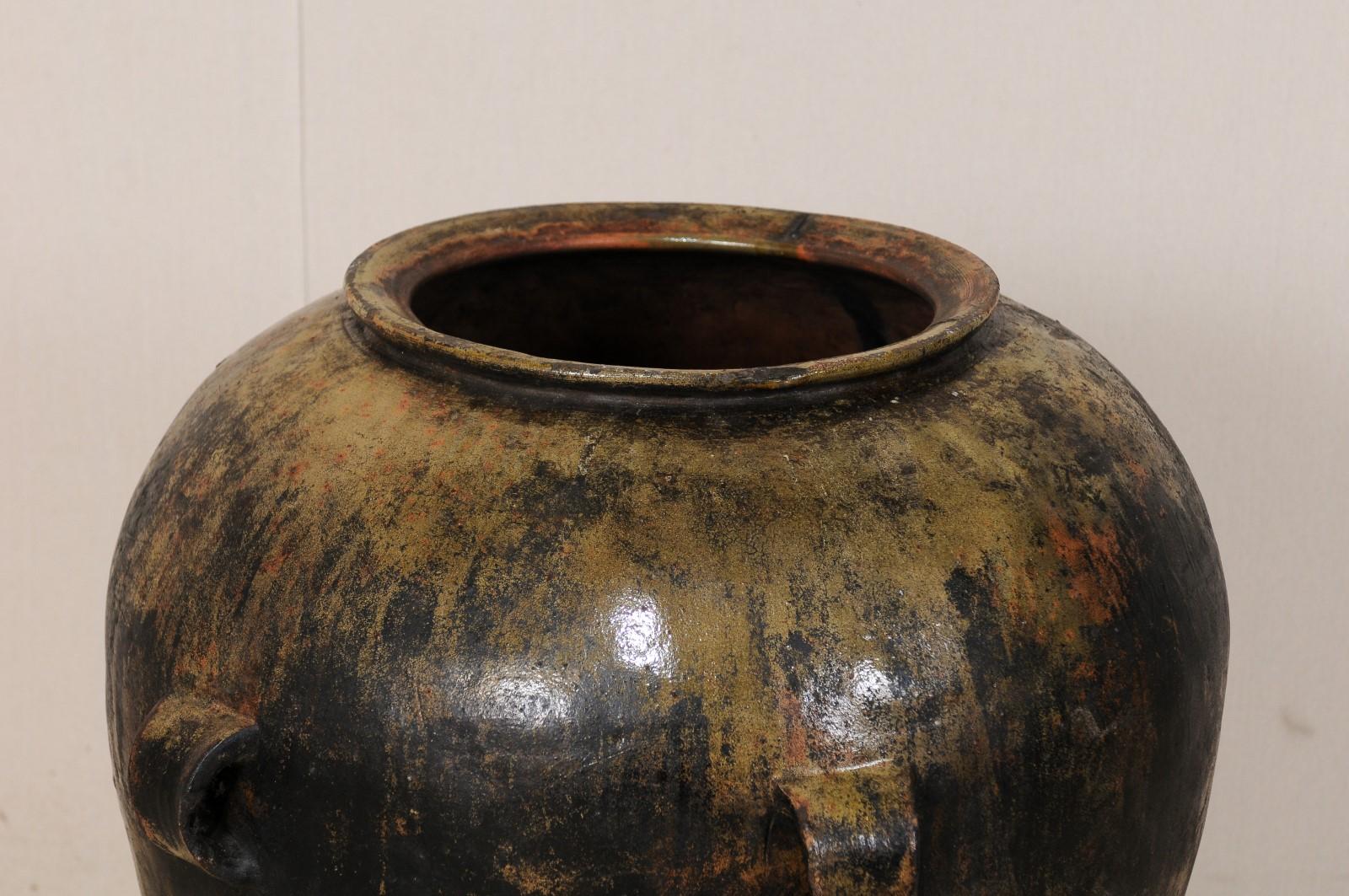 Guatemalan Ceramic Jar on Custom Scrolled Stand with Lovely Patina & Warm Hues For Sale 1
