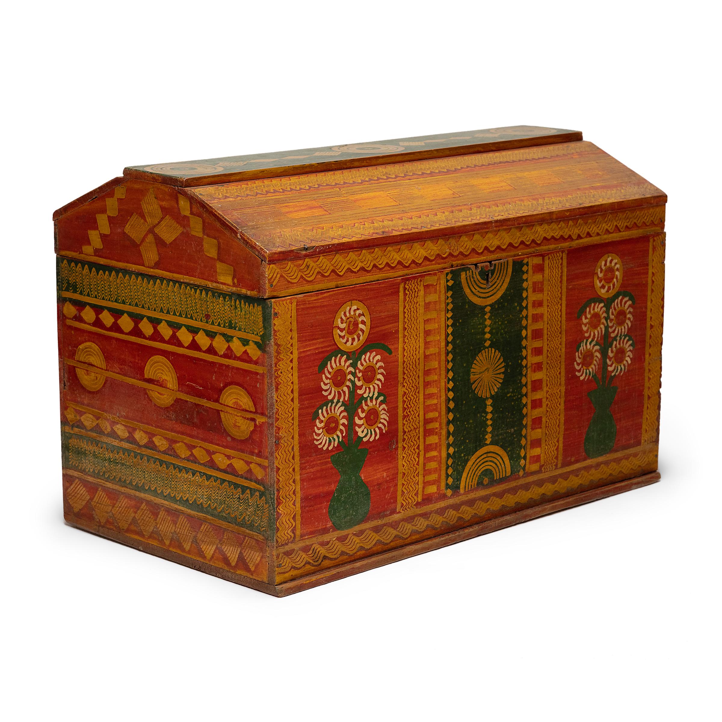 Lacquered Guatemalan Folk Painted Chest For Sale