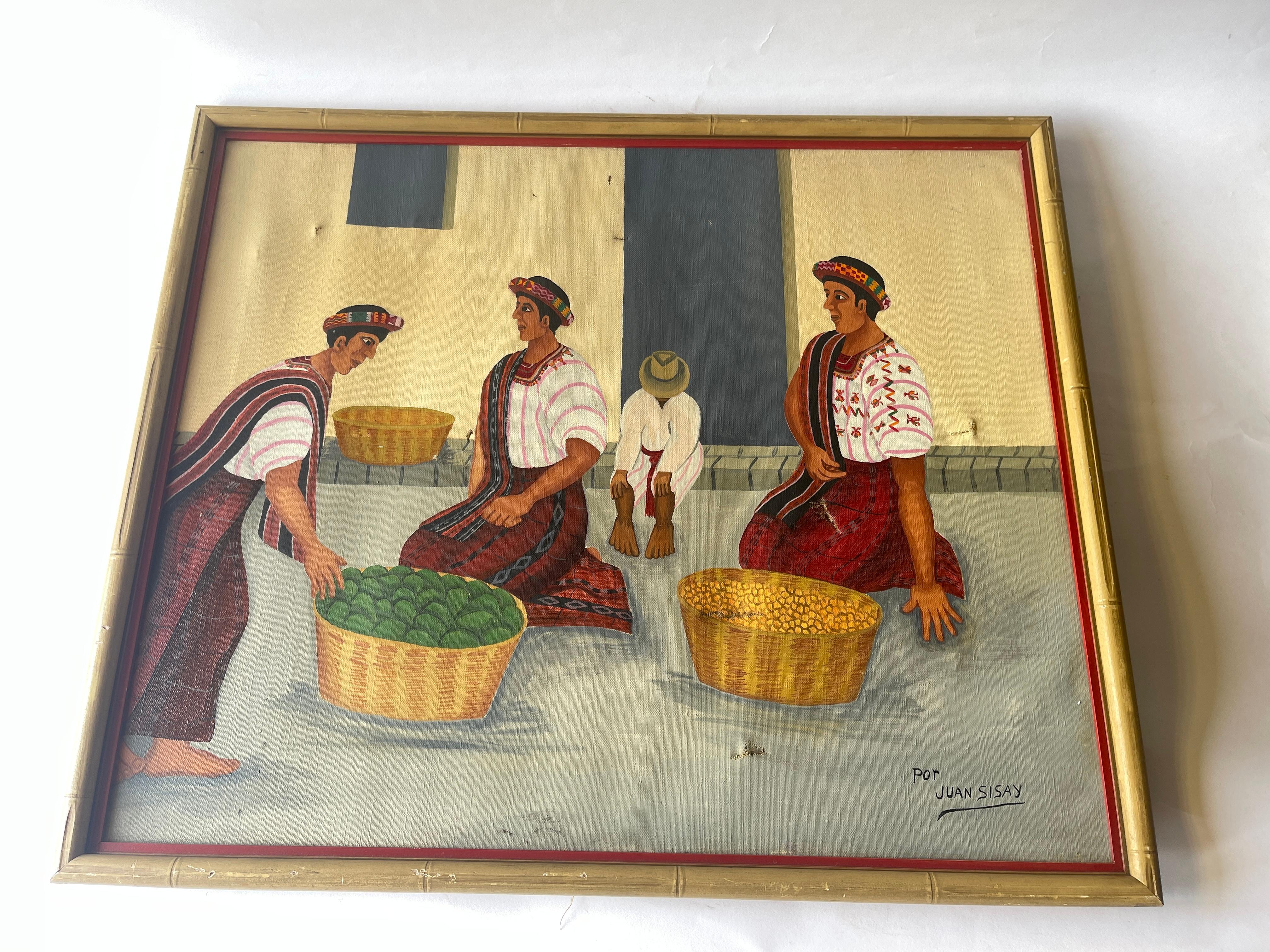 Pintura al óleo sobre lienzo de arte popular guatemalteco de mujeres nativas mayas vendiendo fruta de cestas. Van vestidos con la ropa autóctona tejida a mano de Santiago Atitlán, que se encuentra en el lago Atitlán, Guatemala.
En el mismo pueblo