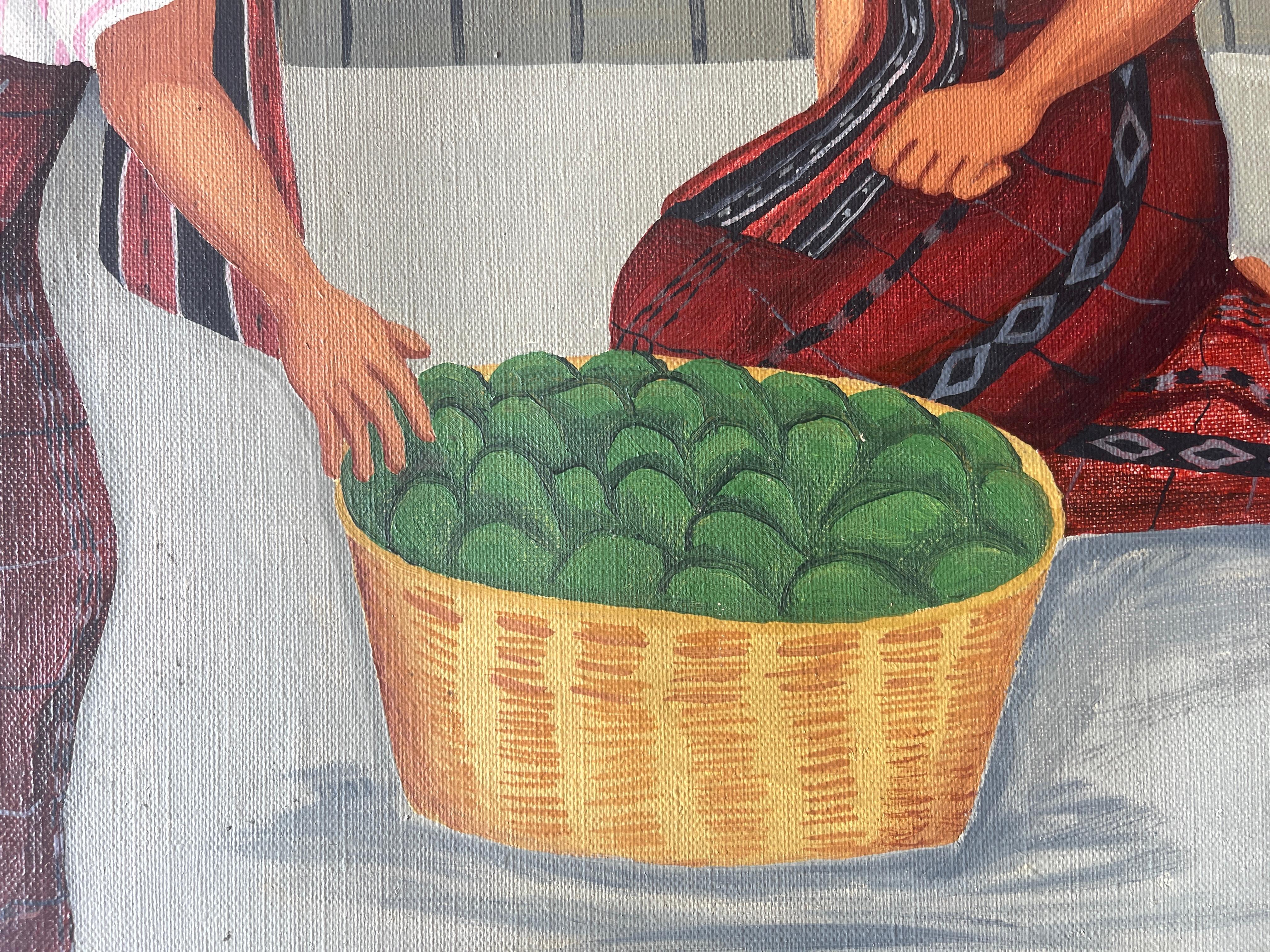 Vendedores de fruta guatemaltecos Óleo sobre lienzo Pintura de Juan Sisay en Bastante bueno estado para la venta en New York, NY