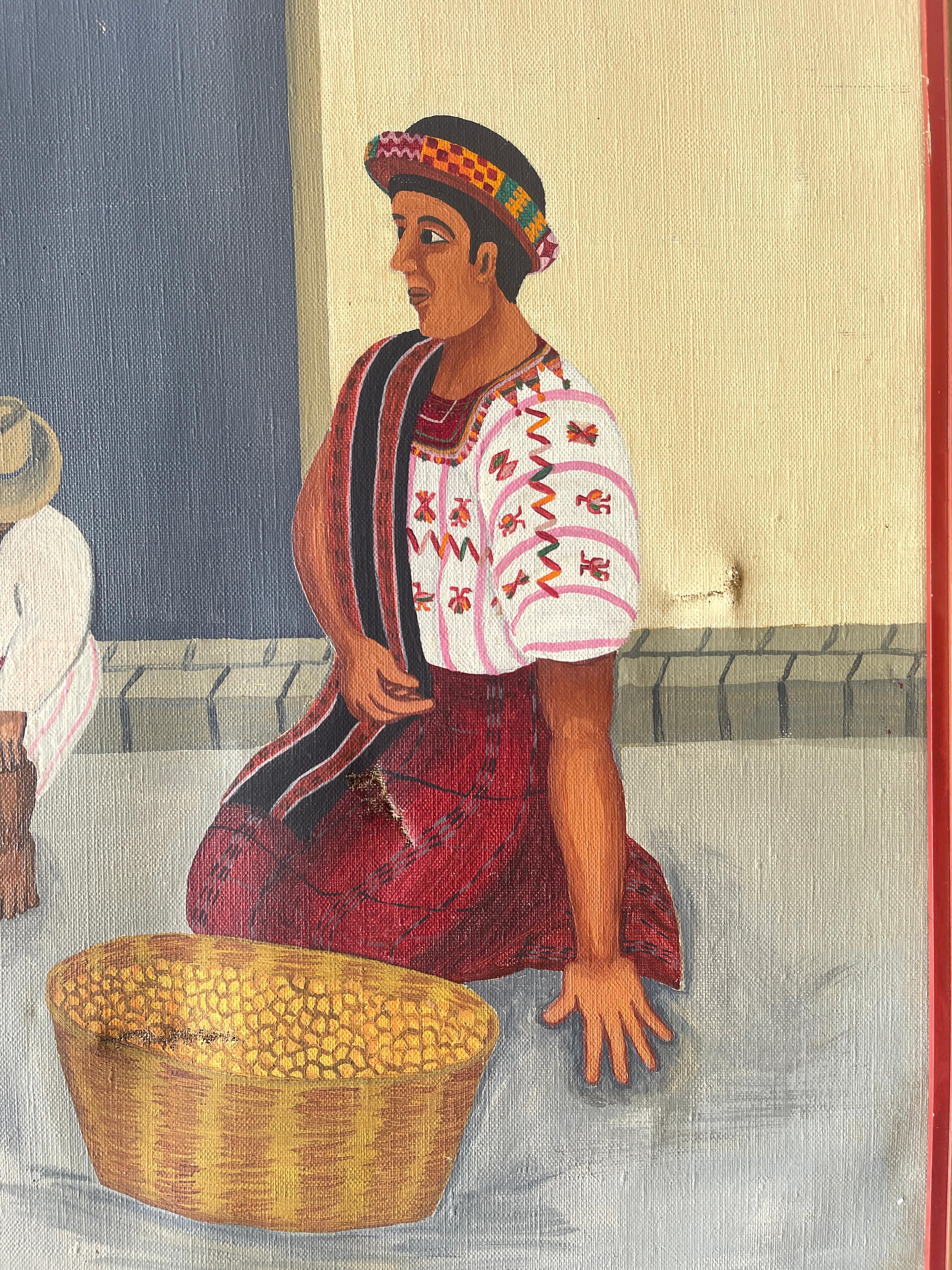 Vendedores de fruta guatemaltecos Óleo sobre lienzo Pintura de Juan Sisay siglo XX en venta