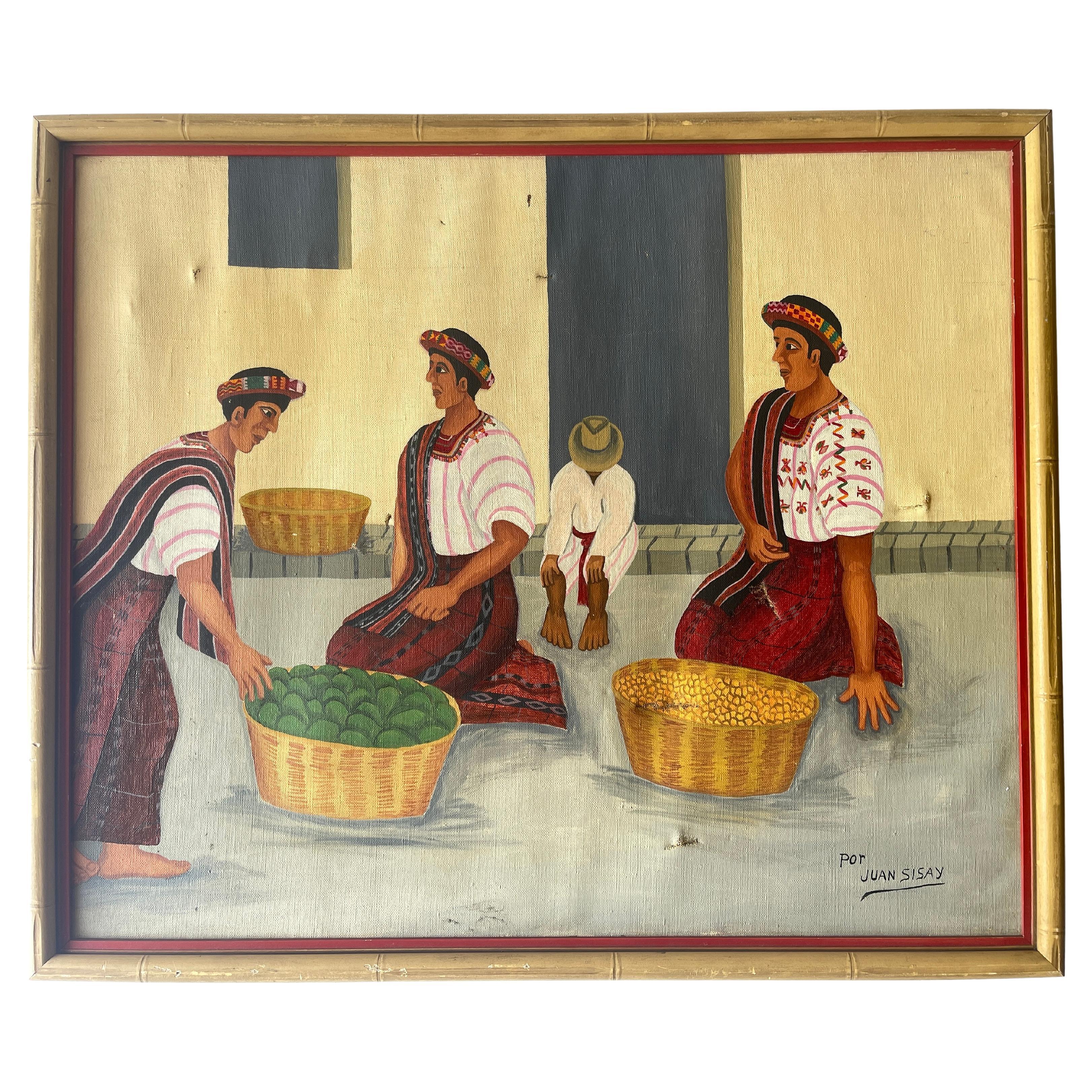 Vendedores de fruta guatemaltecos Óleo sobre lienzo Pintura de Juan Sisay en venta