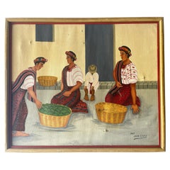 Guatemalan Fruit Vendors Oil on Canvas Painting by Juan Sisay