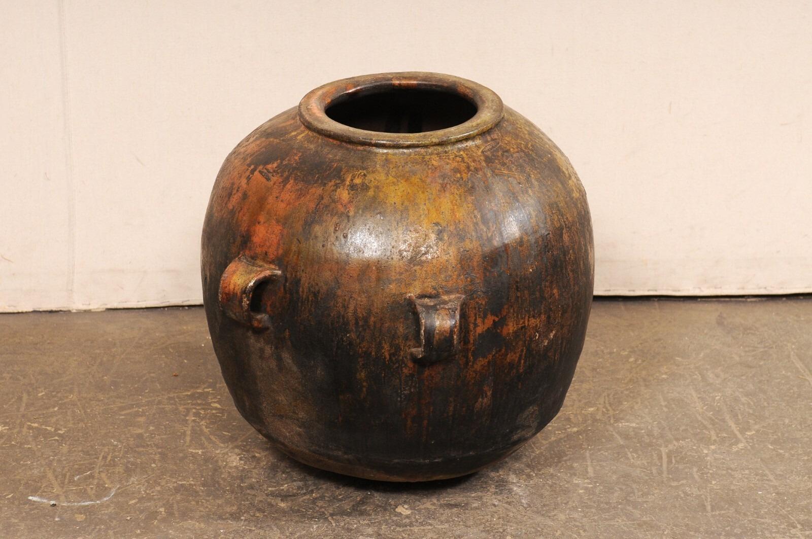 Rustic Guatemalan Glazed Cooking Pot w/Handles For Sale