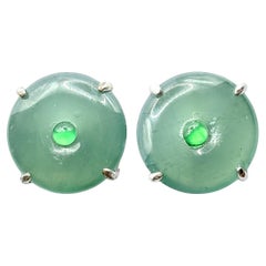 Guatemalan Green Donut Peace Jade & Round Cabochon Jadeite Jade Stud Earrings