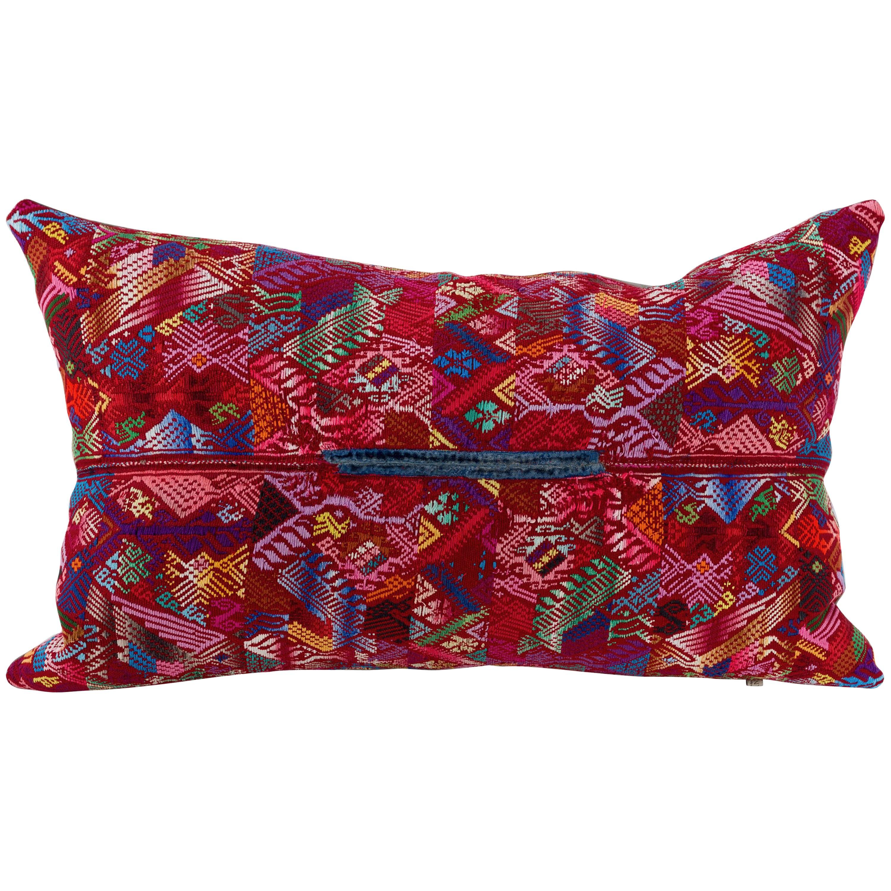 Guatemalan Huipil Textile Pillow in Red Pink Violet Blue Yellow For Sale