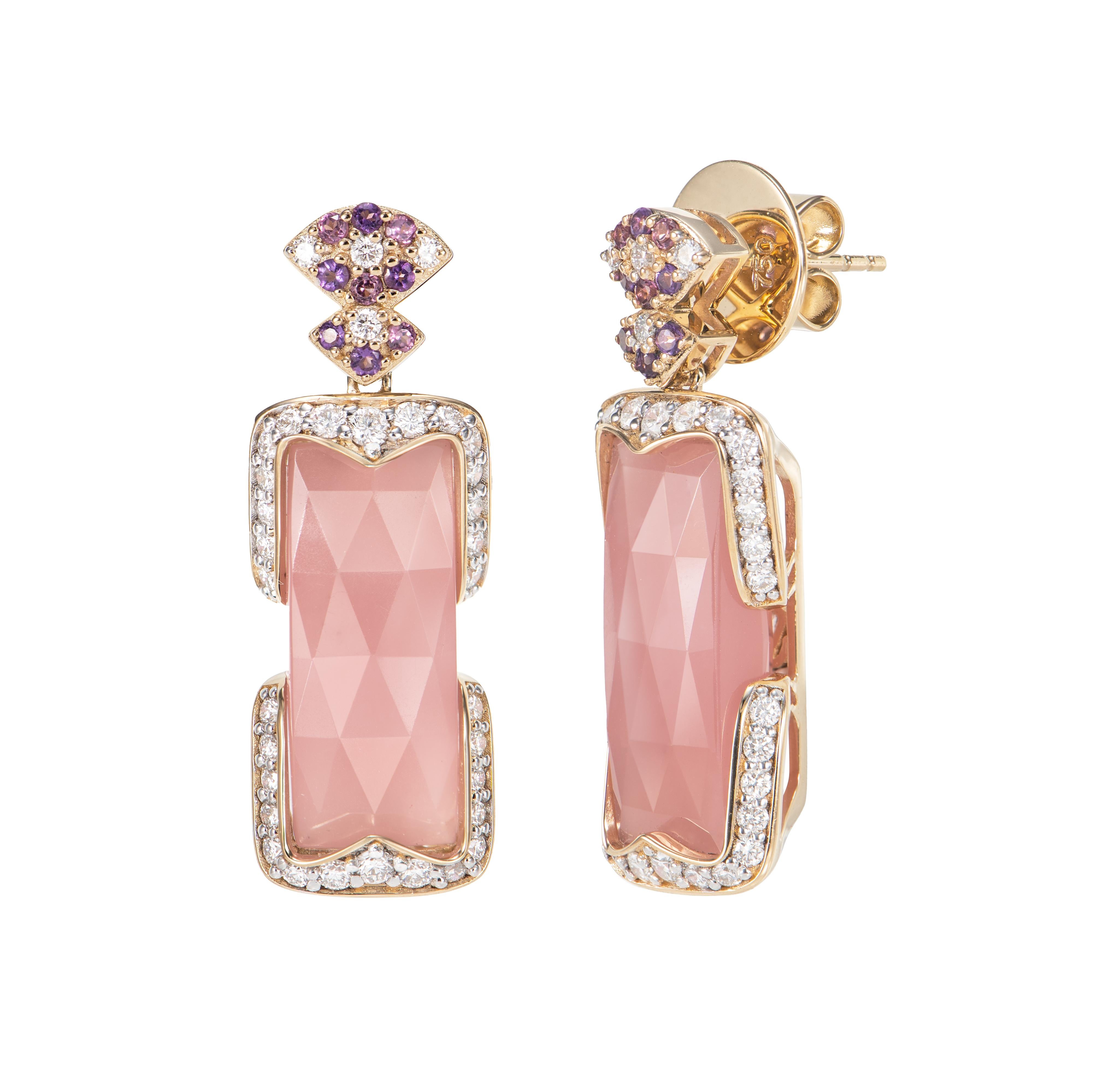 Contemporary Guava Quartz, Amethyst, Rhodolite and White Diamond Drop Earring in 18KYG. For Sale