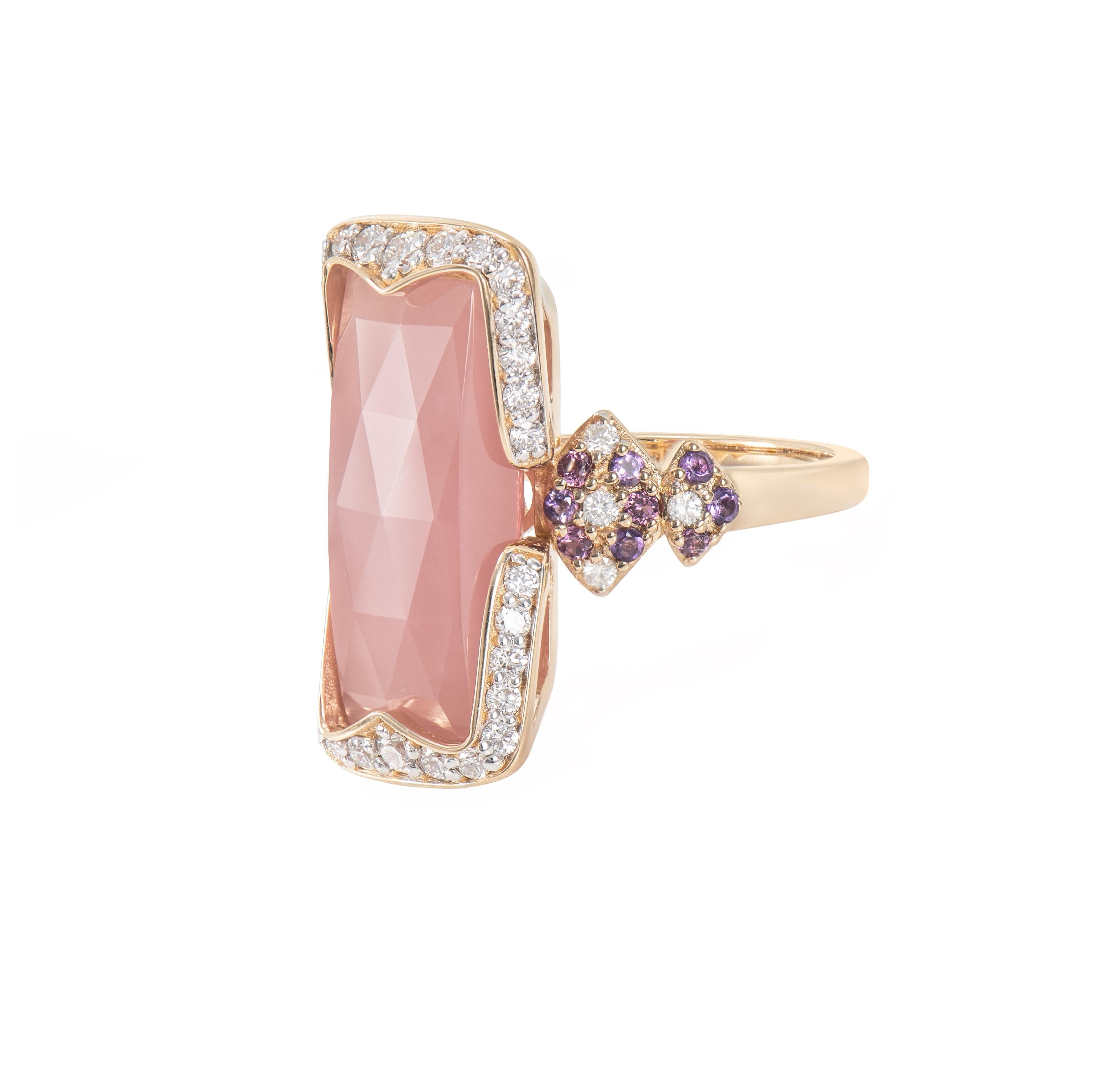 Contemporary Guava Quartz, Amethyst, Rhodolite and White Diamond Cocktail Ring in 18KYG. For Sale