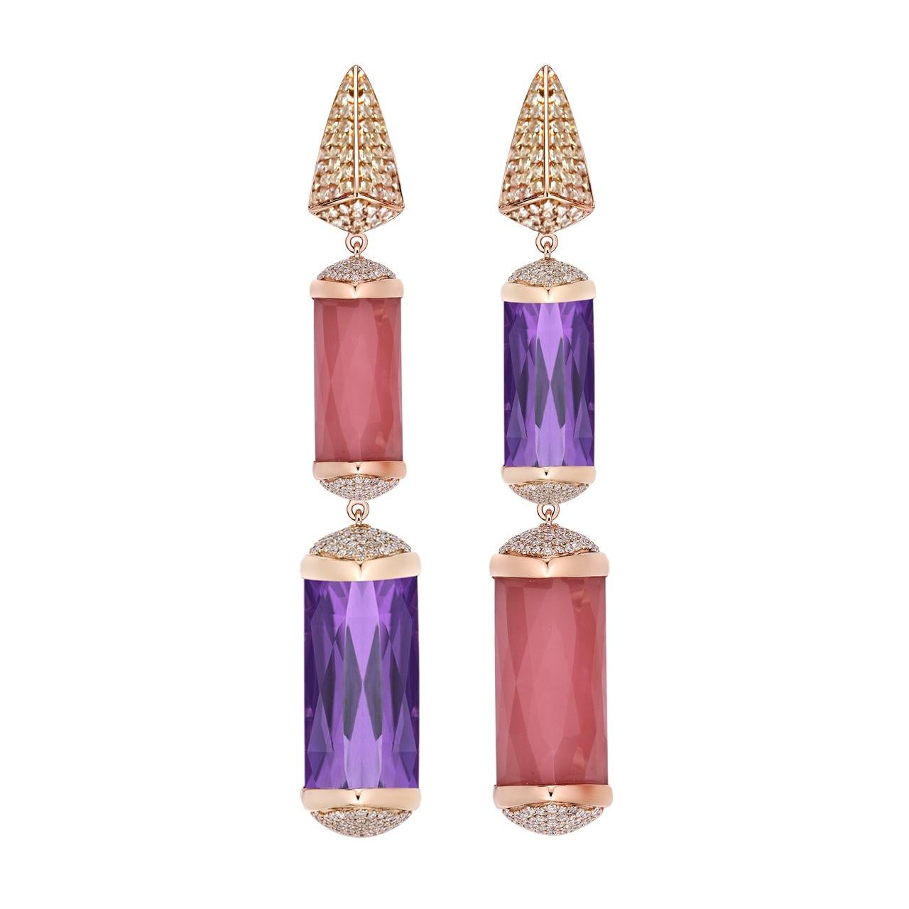 Contemporary Guava Quartz and Amethyst with Diamond Earrings in 18 Karat Rose Gold For Sale
