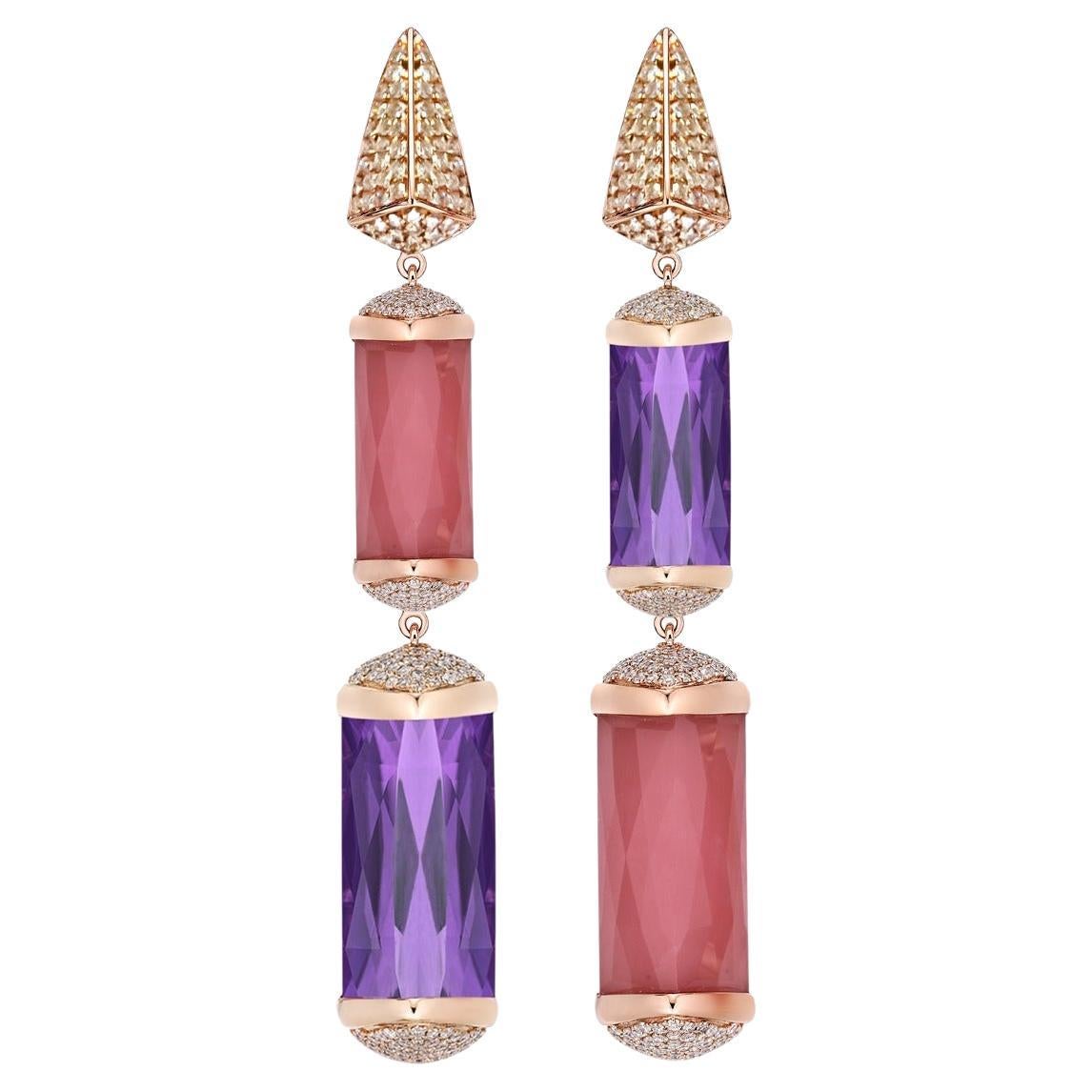 Guava Quartz and Amethyst with Diamond Earrings in 18 Karat Rose Gold For Sale