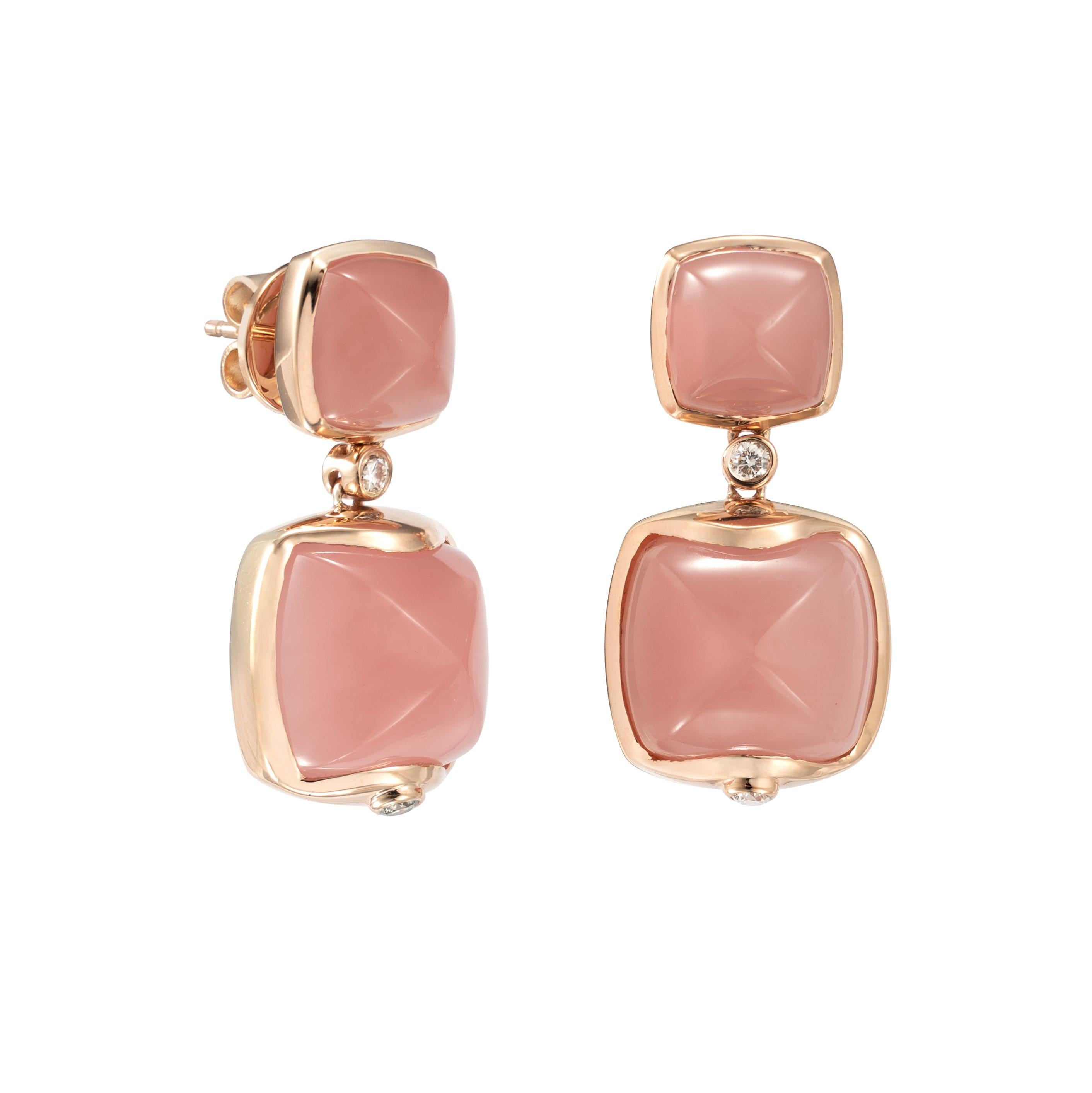 Contemporary Guava Quartz Sugarloaf Earrings with Diamond in 18 Karat Rose Gold For Sale