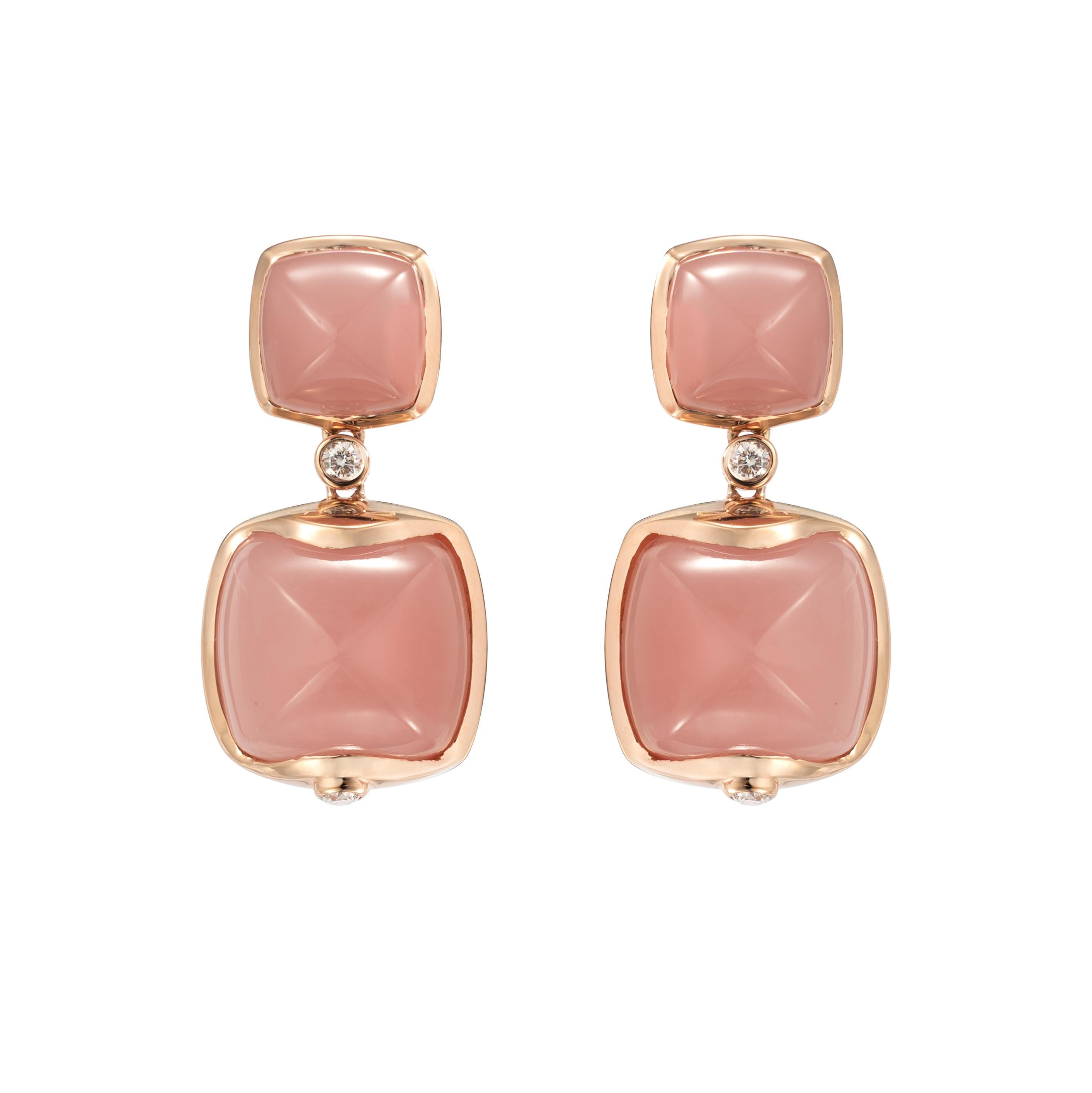 Guava-Quarz-Zuckerloaf-Ohrringe mit Diamant in 18 Karat Roségold (Kegel-Cabochon)