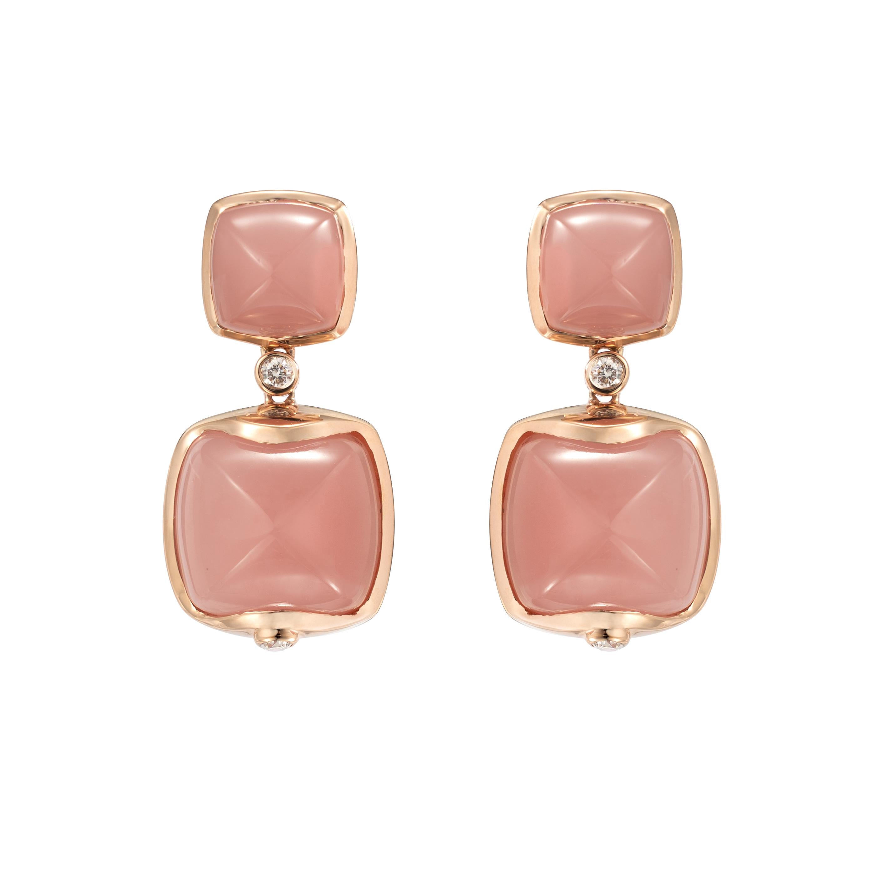 Sugarloaf Cabochon Guava Quartz Sugarloaf Earrings with Diamond in 18 Karat Rose Gold For Sale