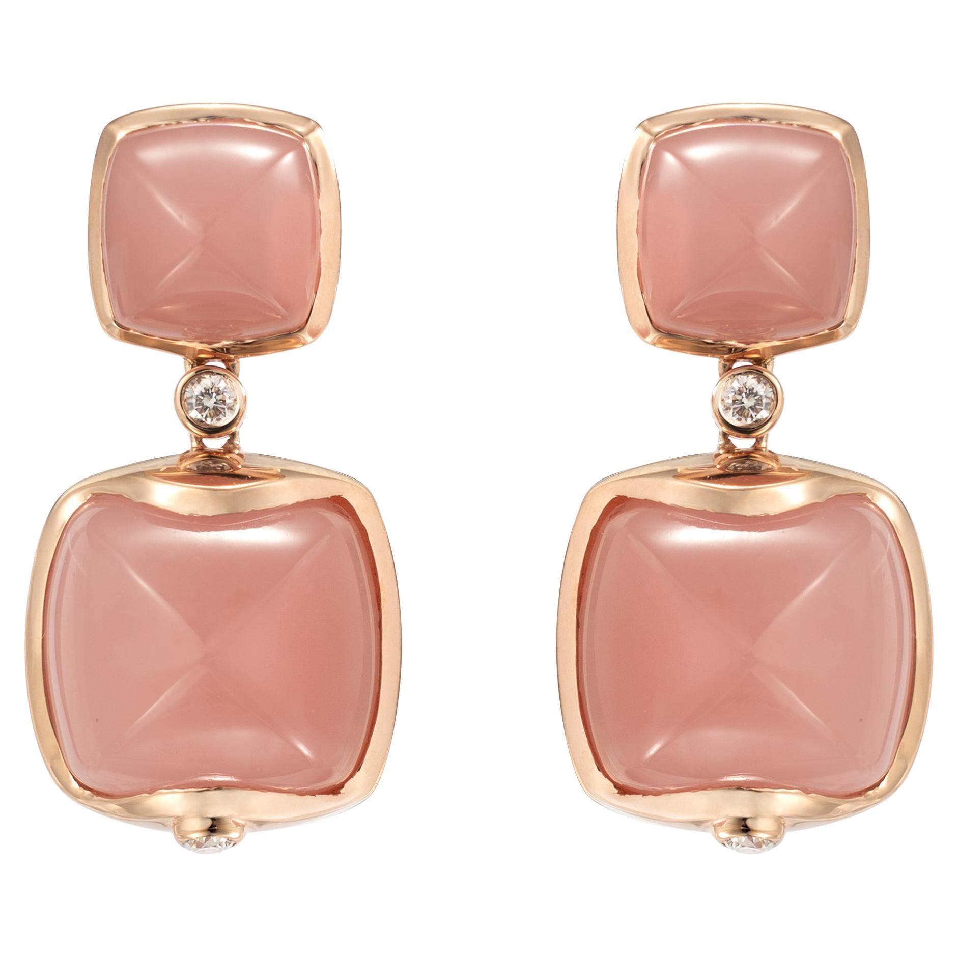 Guava Quartz Sugarloaf Earrings with Diamond in 18 Karat Rose Gold For Sale