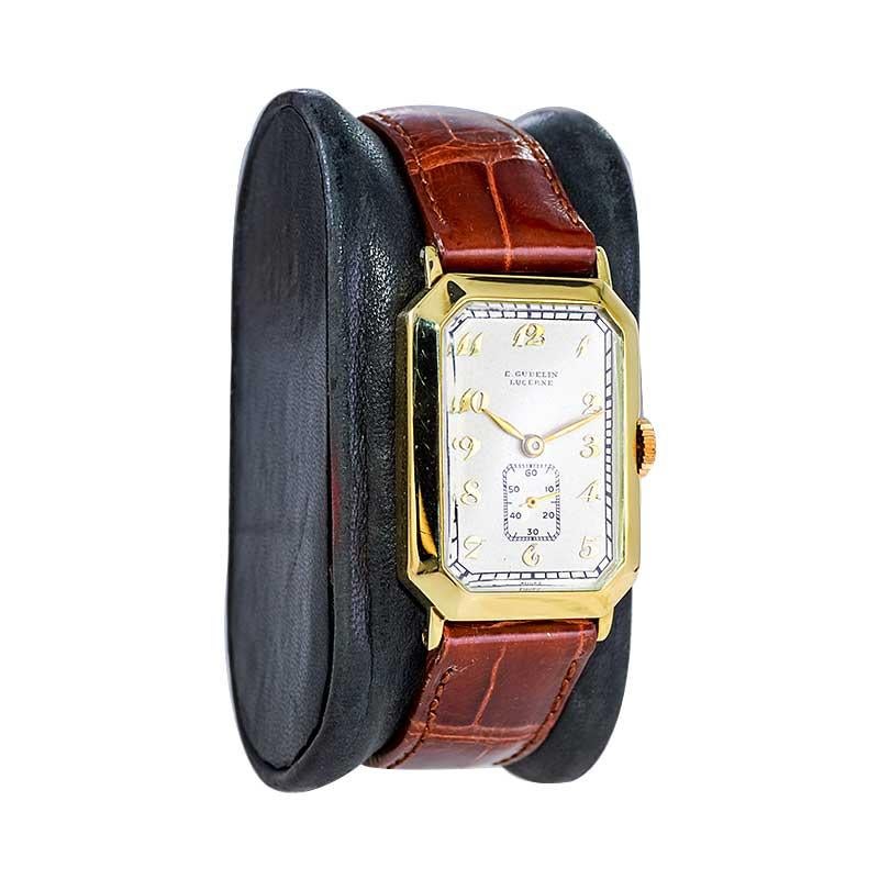 FACTORY / HOUSE: Longines for Gubelin 
STYLE / REFERENCE: Art Deco / Tank Style
METAL / MATERIAL: 14kt Solid Yellow Gold
DIMENSIONS: Length 38mm X Width 23mm
CIRCA: 1930's
MOVEMENT / CALIBER: Manual Winding / 15 Jewels / Cal. 9.47m
DIAL / HANDS: