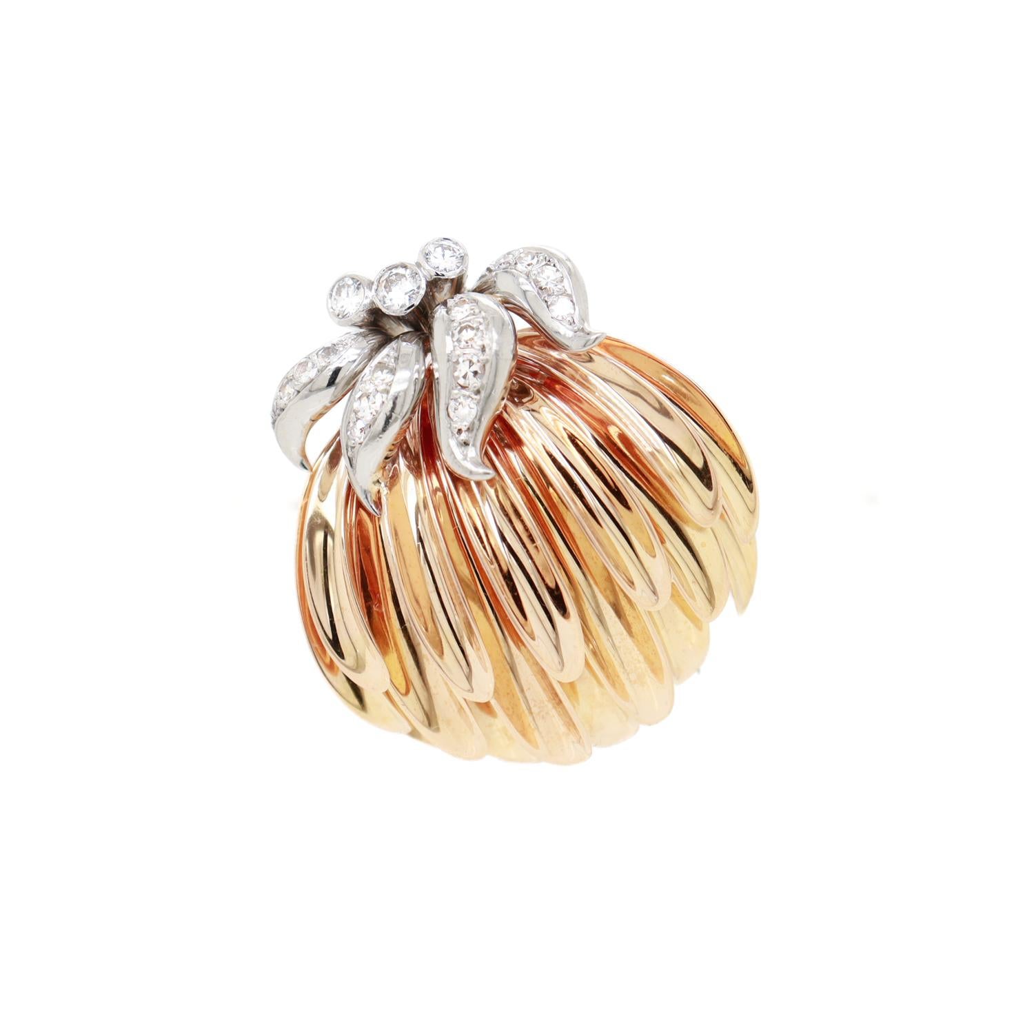 Gubelin 18K Yellow & White Gold & Diamond Stylized Floral or Banana Fur Clip In Good Condition For Sale In Philadelphia, PA