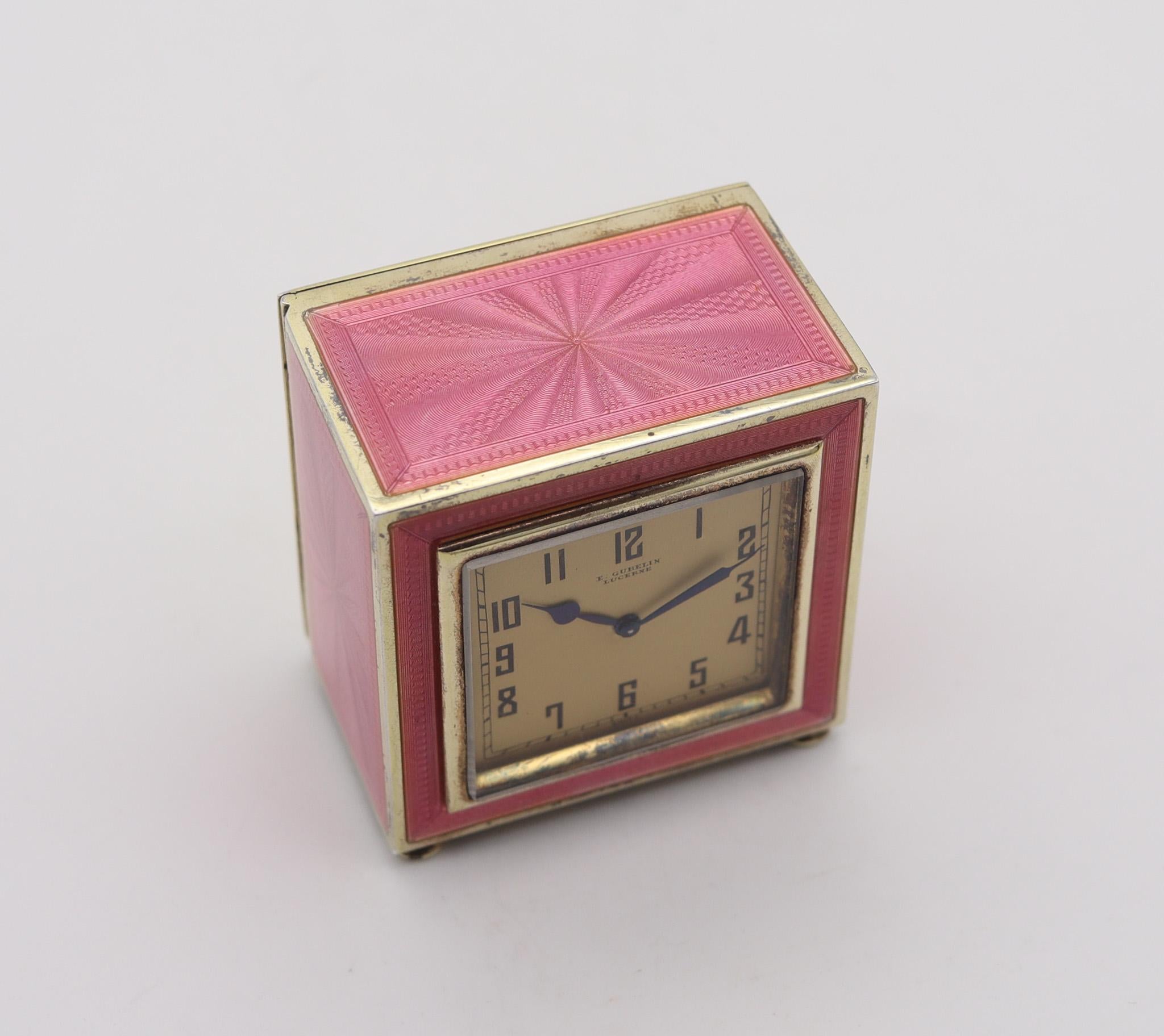 Swiss Gubelin 1925 Art Deco Guilloché Enameled Boudoir Desk Clock In .935 Sterling For Sale
