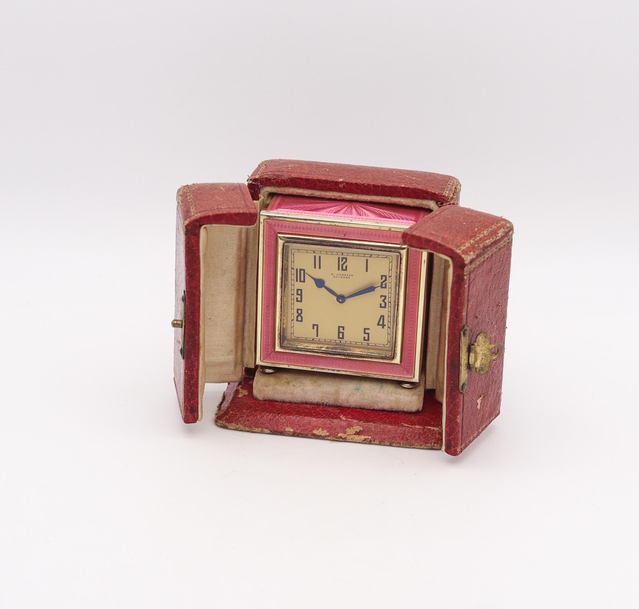 Gubelin 1925 Art Deco Guilloché Enameled Boudoir Desk Clock In .935 Sterling For Sale 3