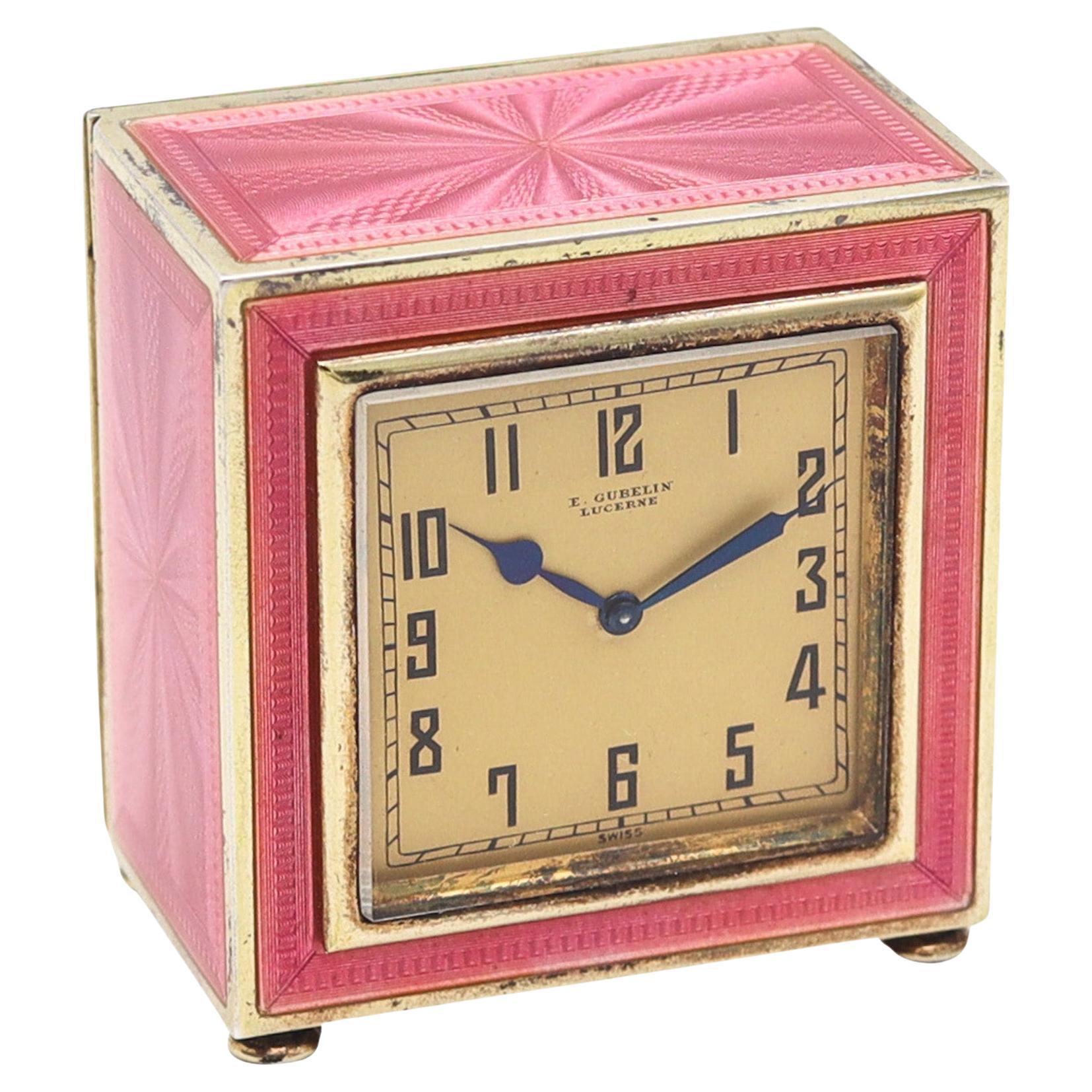 Gubelin 1925 Art Deco Guilloché Enameled Boudoir Desk Clock In .935 Sterling For Sale