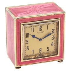 Used Gubelin 1925 Art Deco Guilloché Enameled Boudoir Desk Clock In .935 Sterling