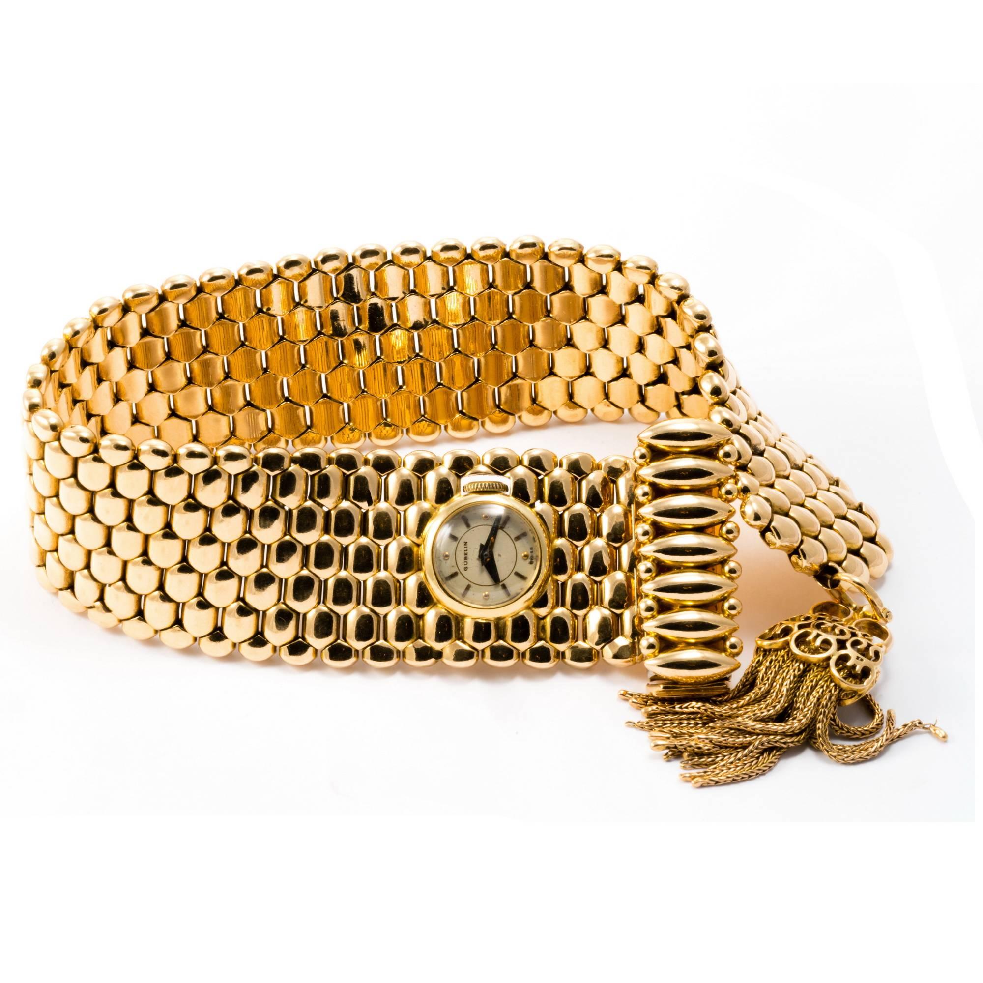 Gubelin 1950 18K Gold Mesh Tassel Mistery Wristwatch Gold Bracelet For Sale 1