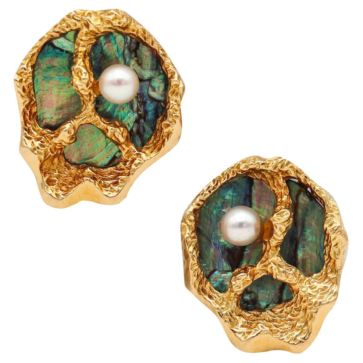 Gubelin 1960 Boucles d'oreilles organiques Gilbert Albert en or 18kt Abalone Shell & Pearl